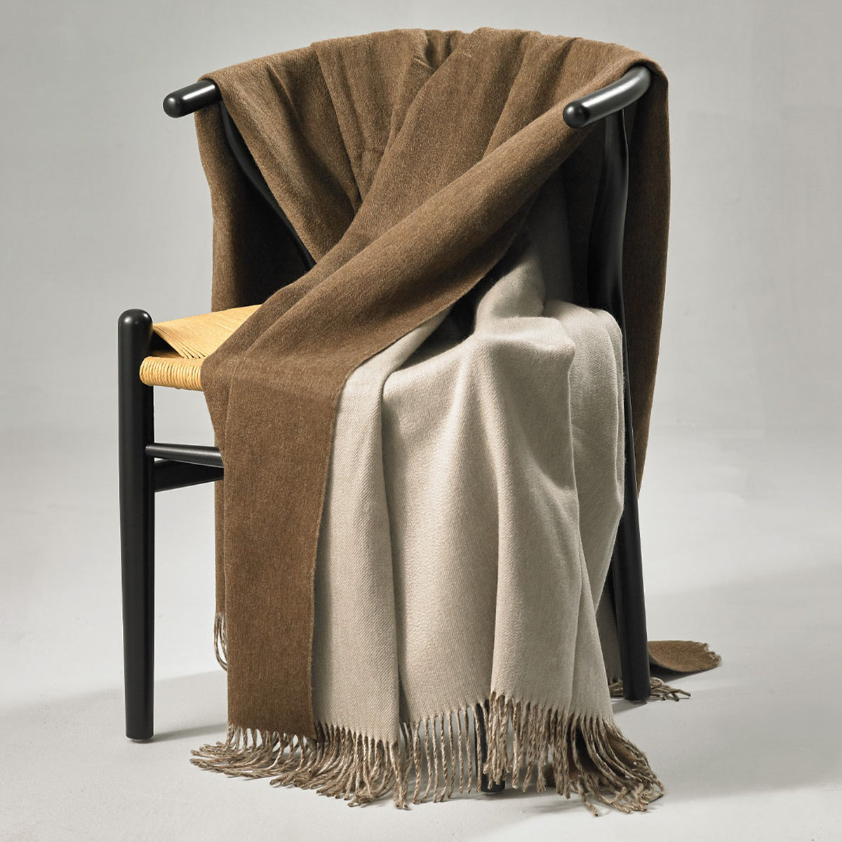 Brand New English Saddle Brown and Pebble Grey Designer Woven Cashmere Blanket