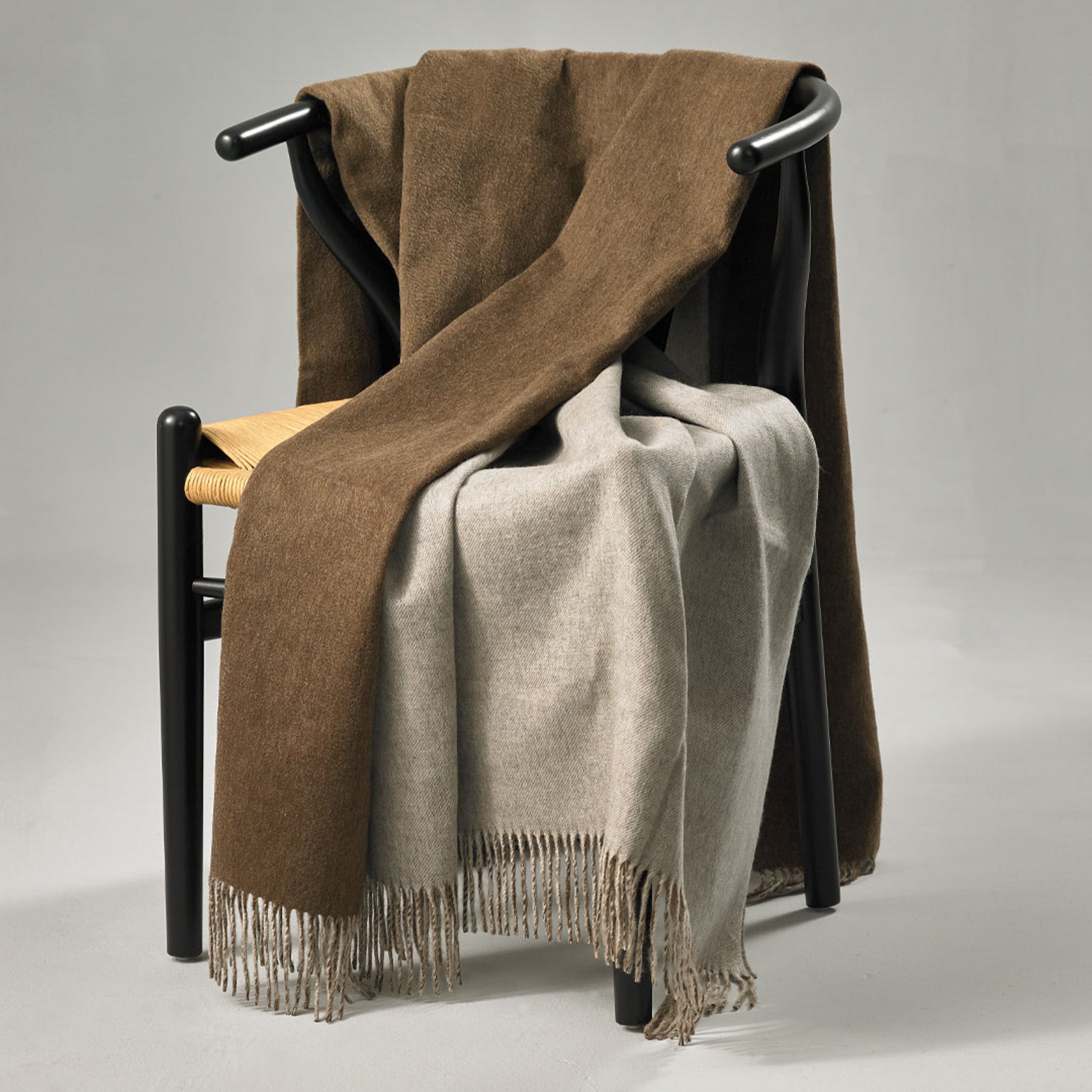 Brand New English Saddle Brown and Mist Grey Designer Woven Cashmere Blanket