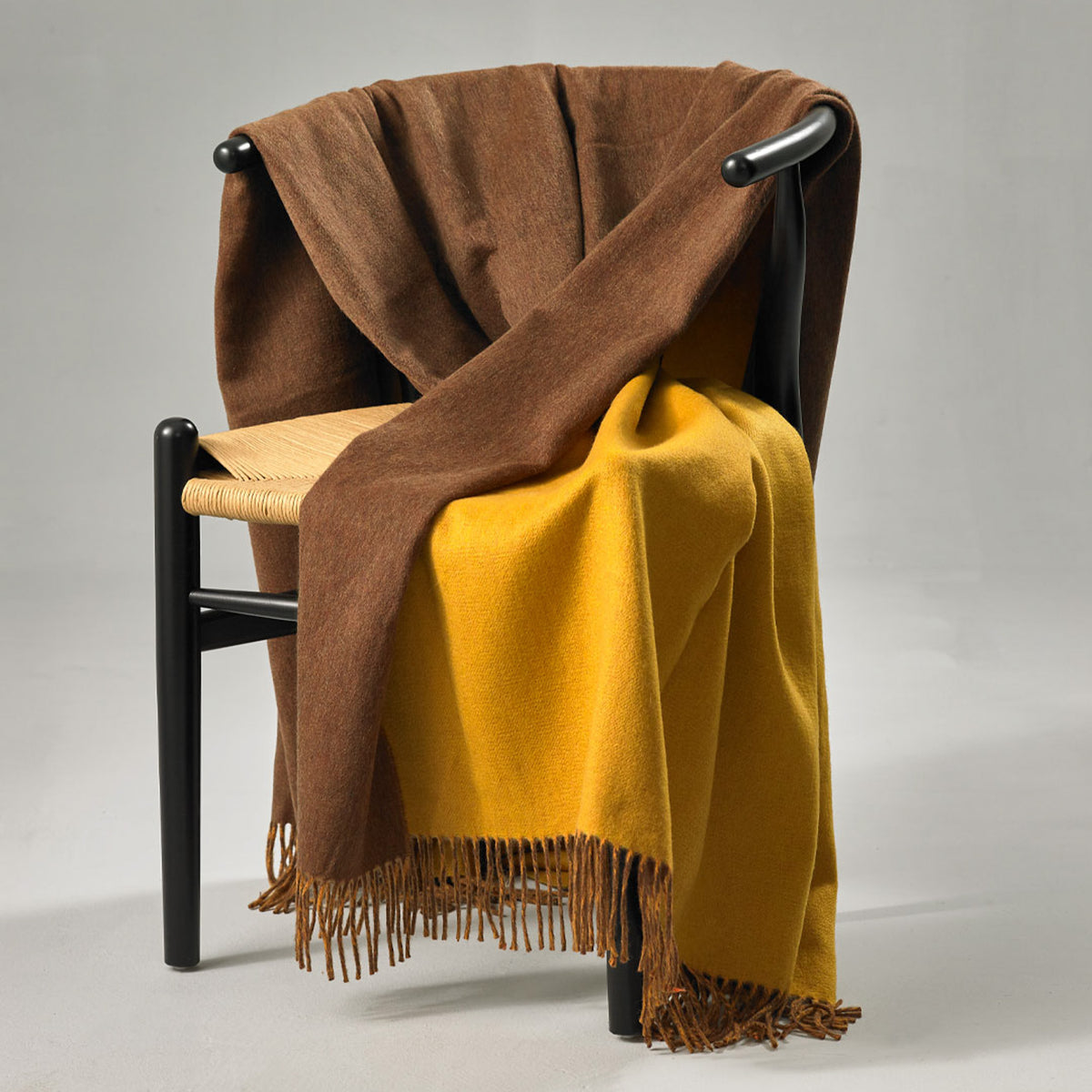 Brand New English Chestnut Brown and Marigold Designer Woven Cashmere Blanket