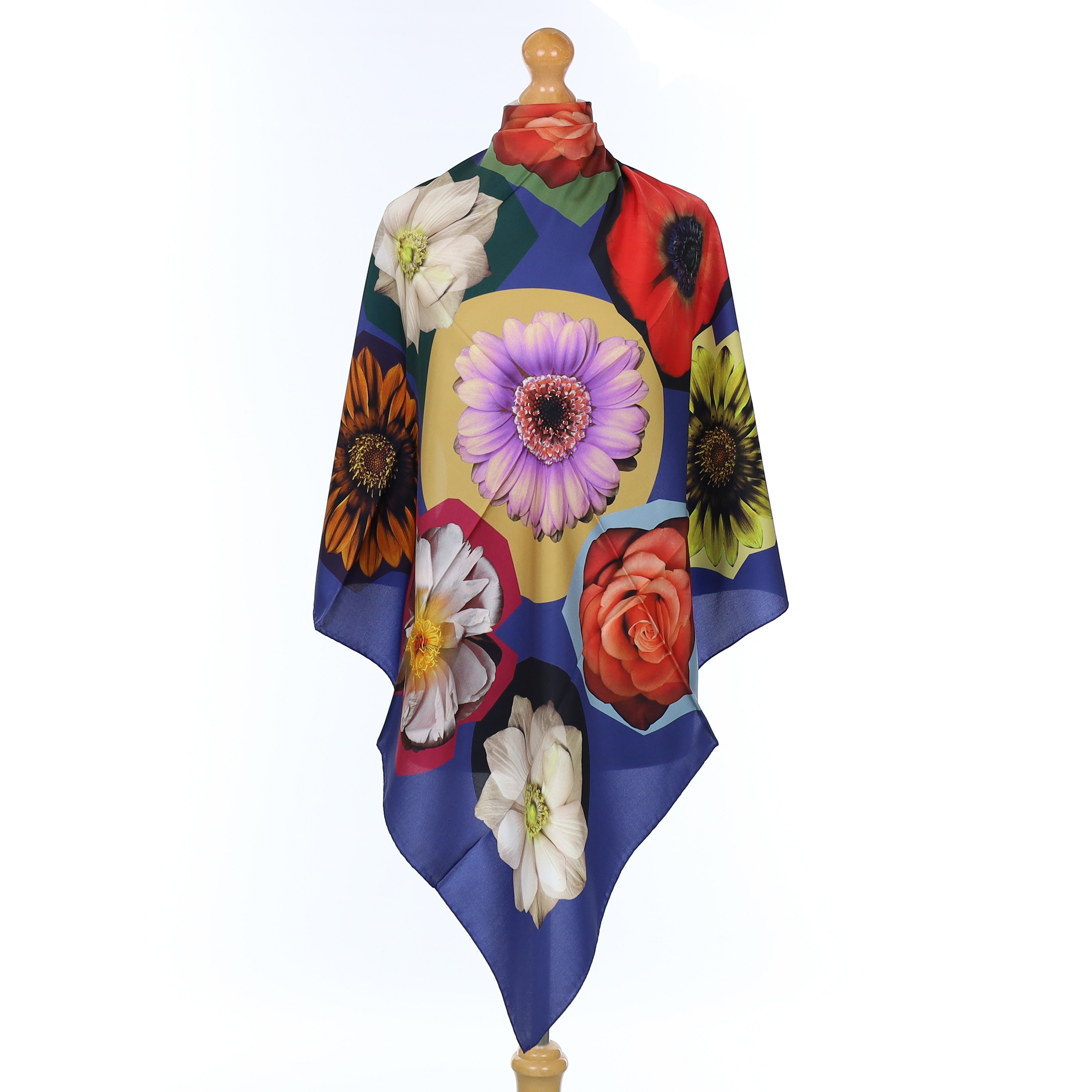 Brand New Italian Royal Blue Macro Flower Design Silk Scarf