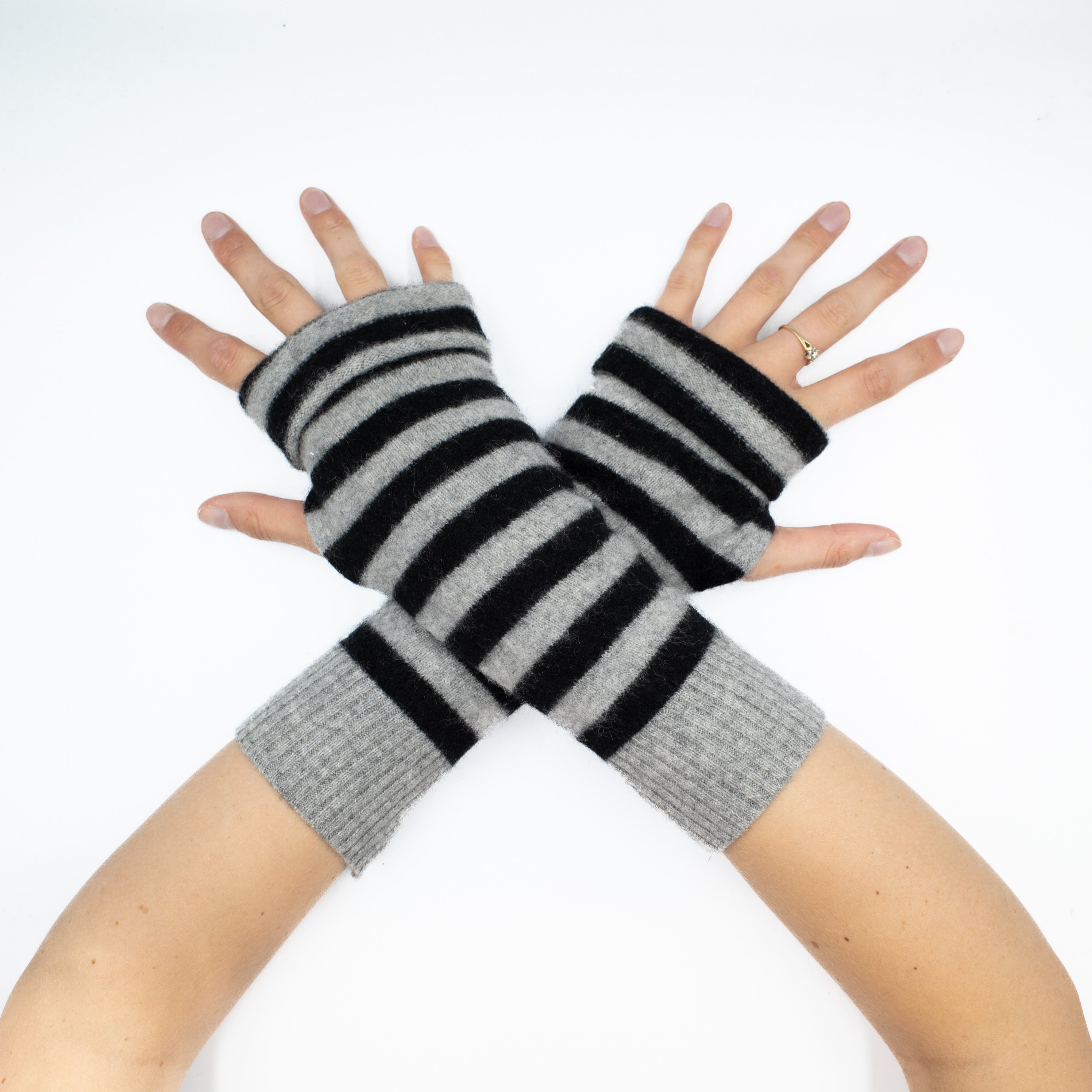 Black and Grey Striped Fingerless Gloves