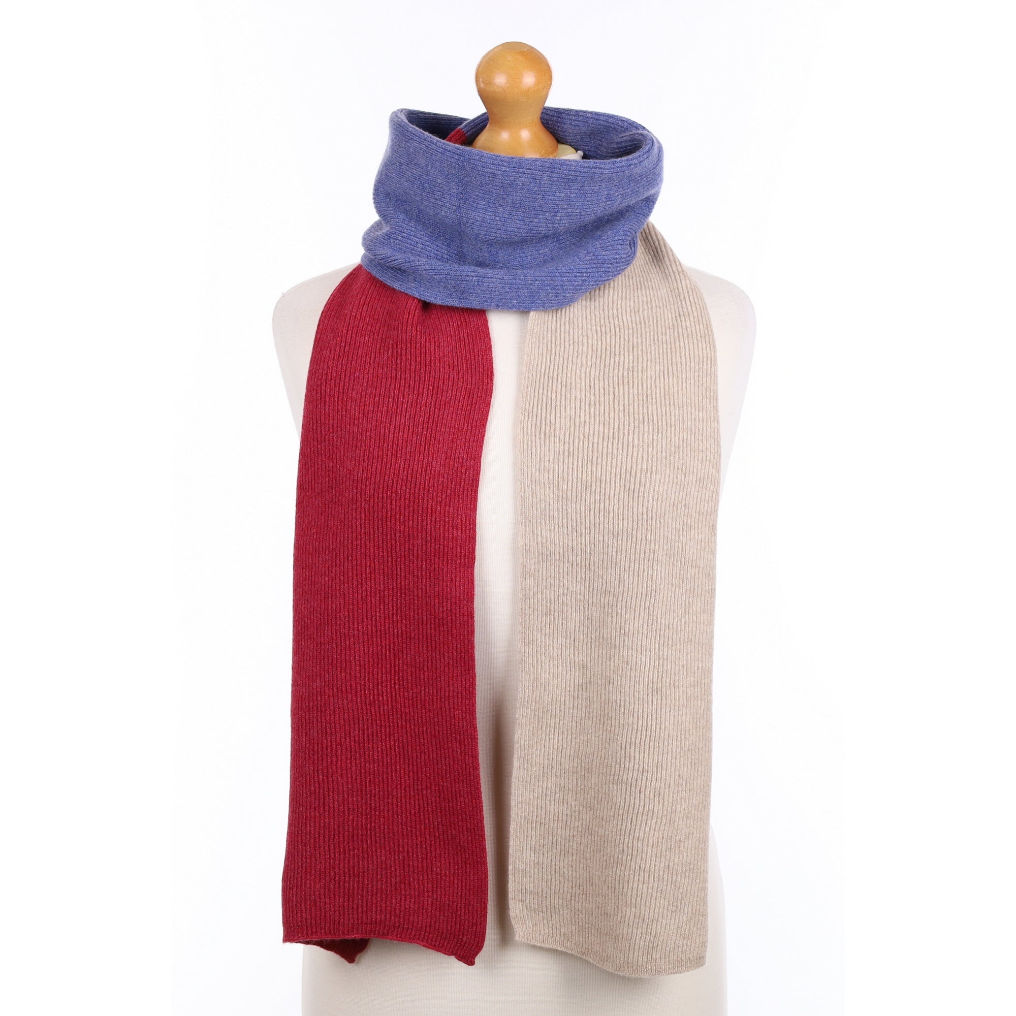 Brand New Scottish Pomegranate Fawn & Denim Cashmere Ribbed Scarf