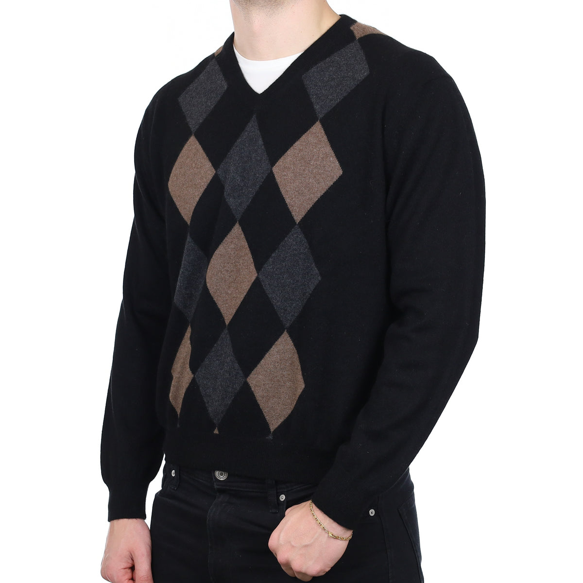 Men’s Black Diamond Pattern Cashmere V Neck Jumper Extra Large
