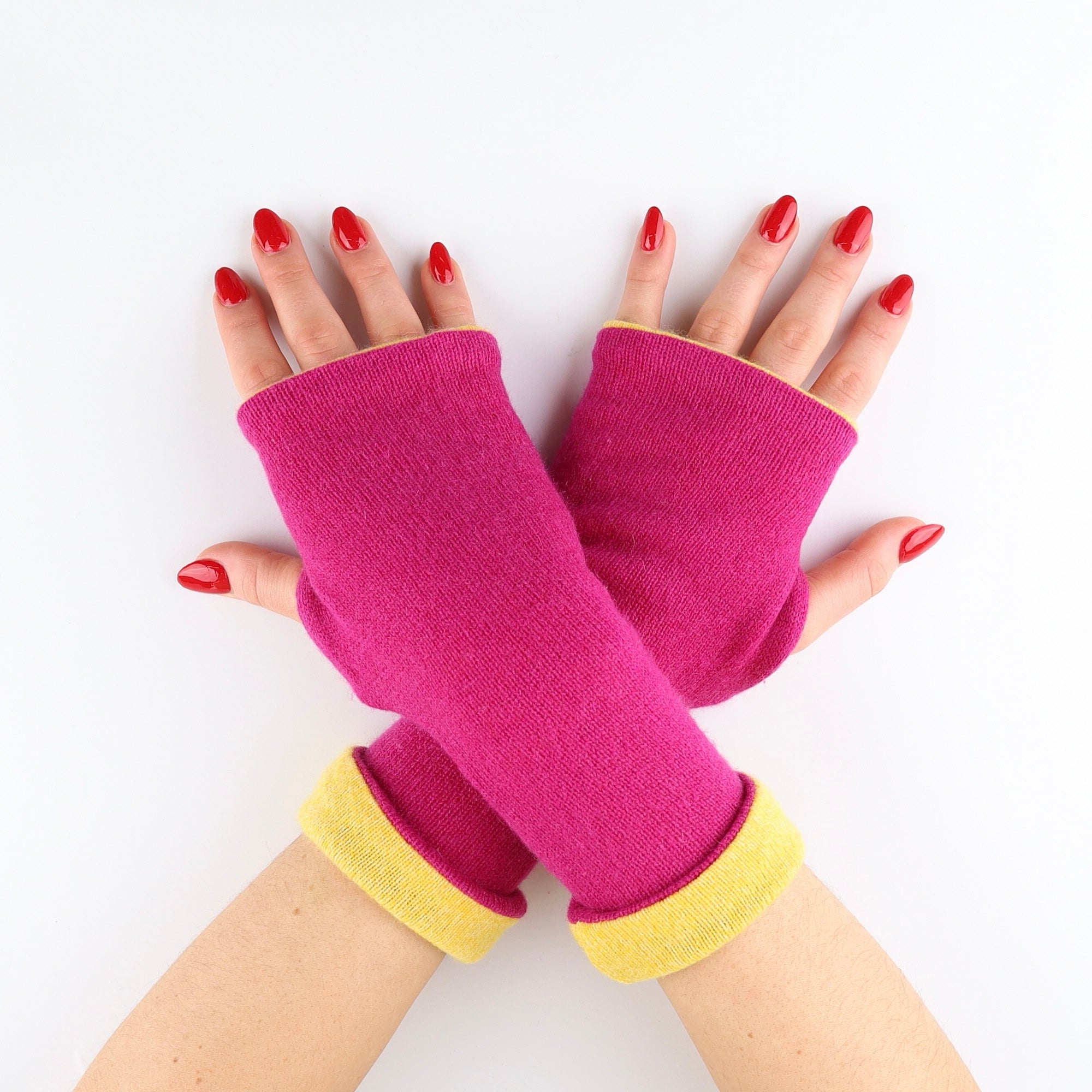 Magenta and Yellow Reversible Fingerless Gloves