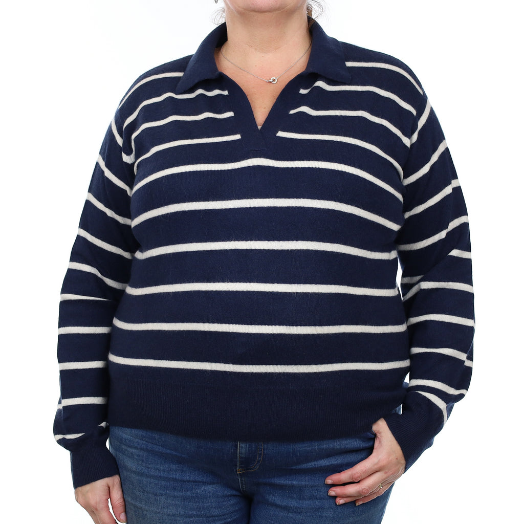 Navy and Ivory Striped Cashmere Collared V Neck Jumper Extra Large