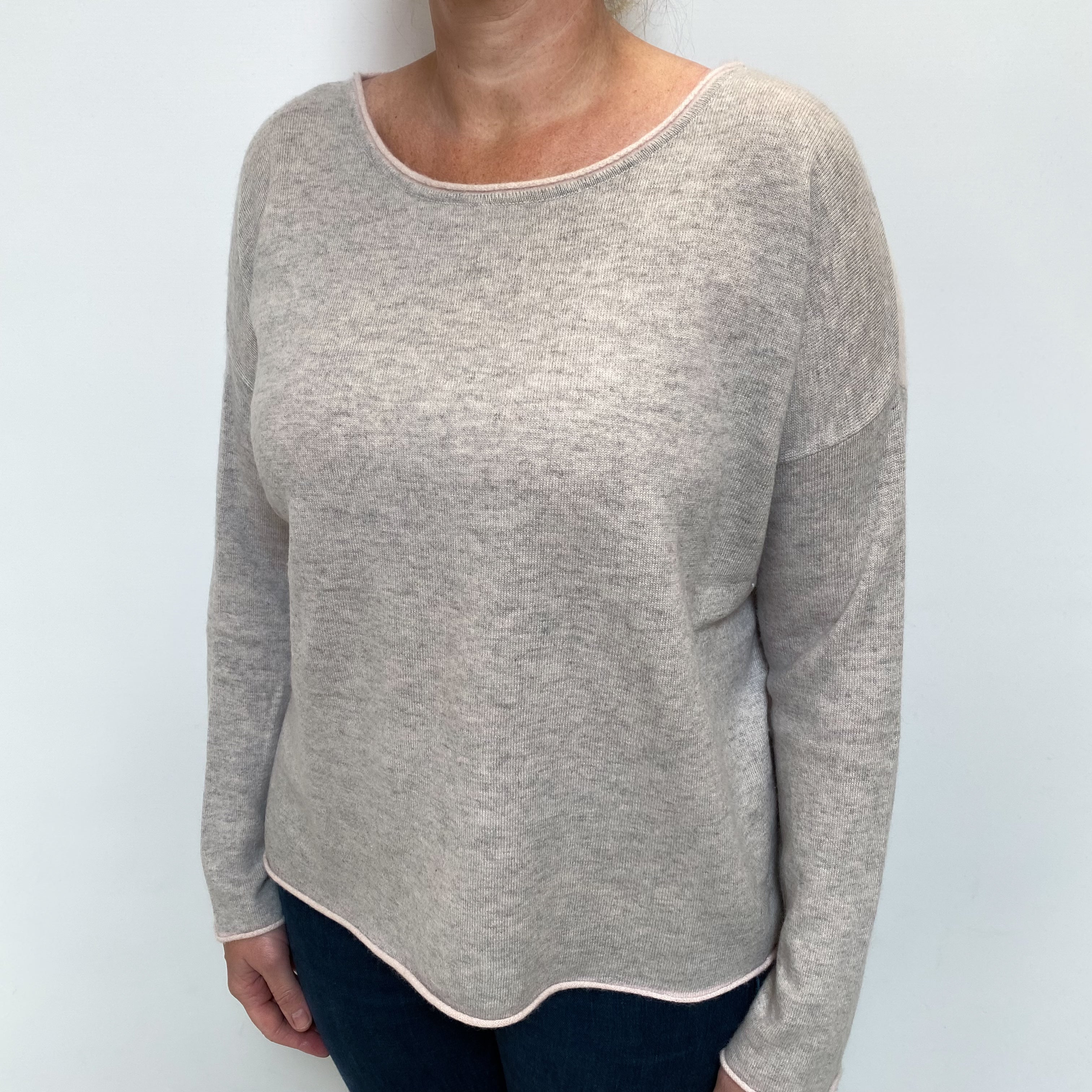 Pale Grey and Pink Cashmere Button Back Crew Neck Jumper Large