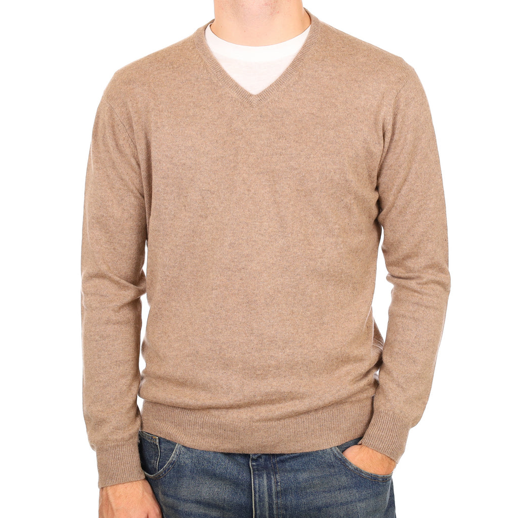 Men’s Yorn Taupe Brown Cashmere V Neck Jumper Large