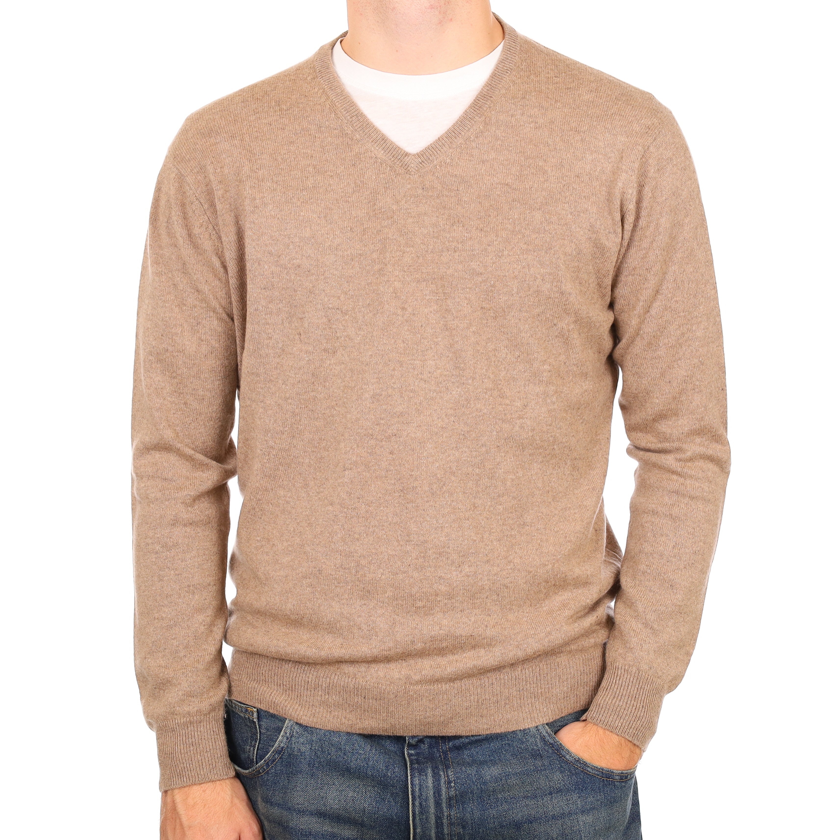 Men’s Yorn Taupe Brown Cashmere V Neck Jumper Large