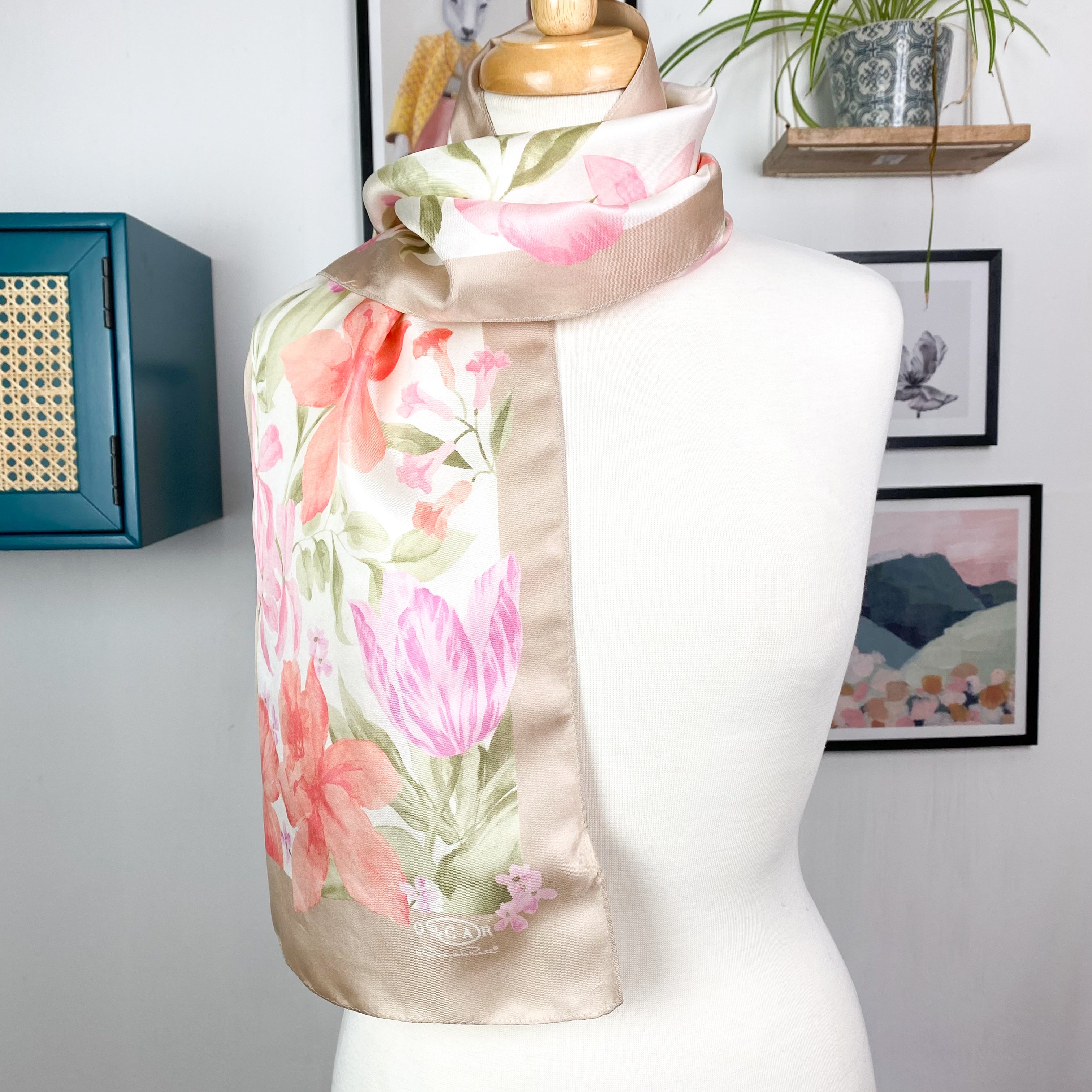 Long Floral Oscar de la Renta Vintage Silk Scarf