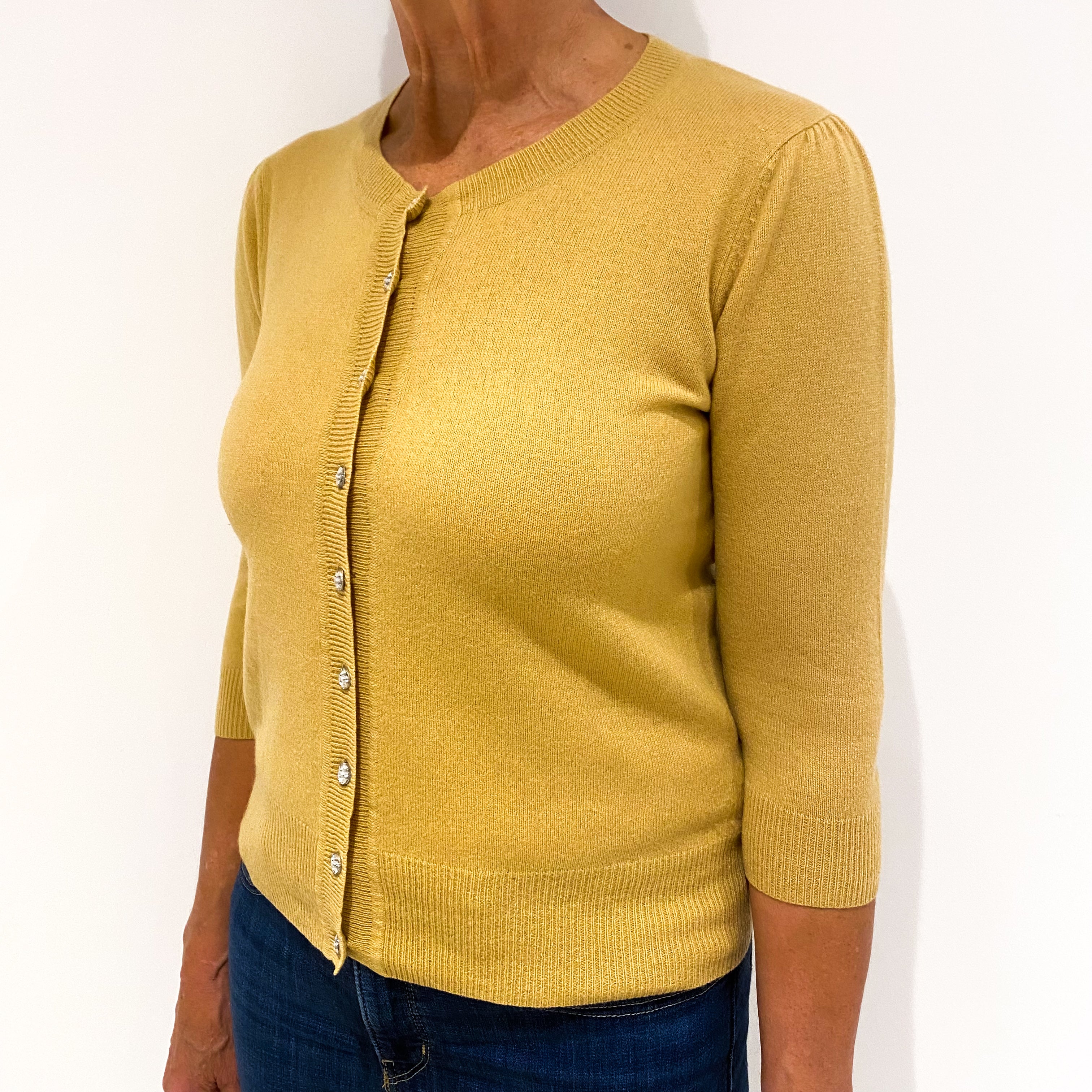 Mustard Yellow 3/4 Sleeved Cashmere Crew Neck Cardigan Medium
