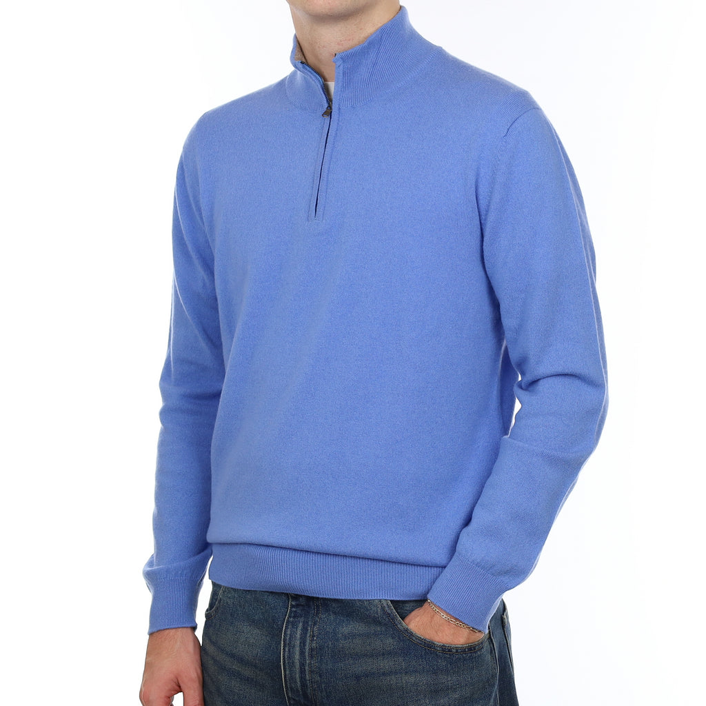 Men’s Brand New Scottish Cornflower Blue Cashmere 1/4 Zip Jumper Medium