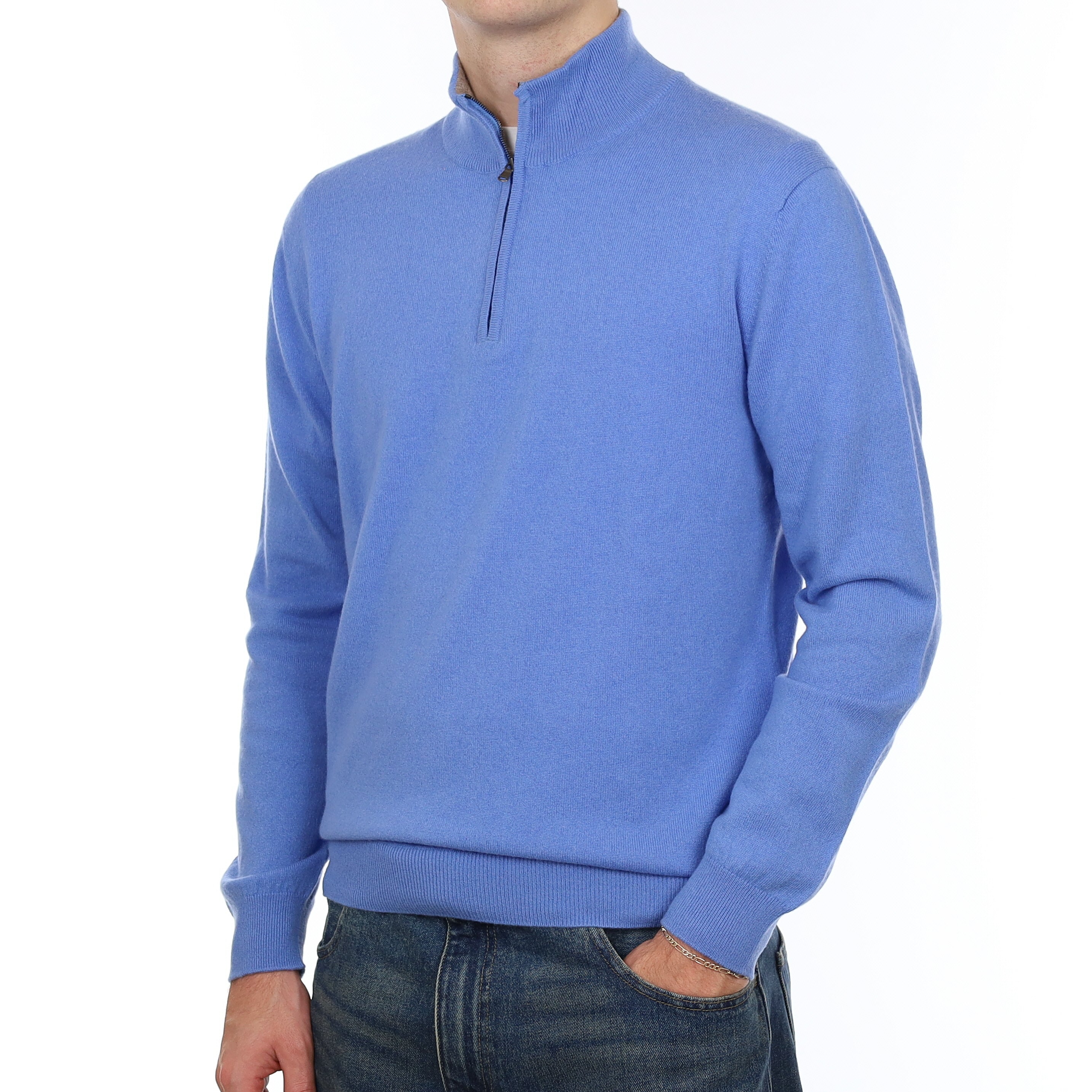 Men’s Brand New Scottish Cornflower Blue Cashmere 1/4 Zip Jumper Medium