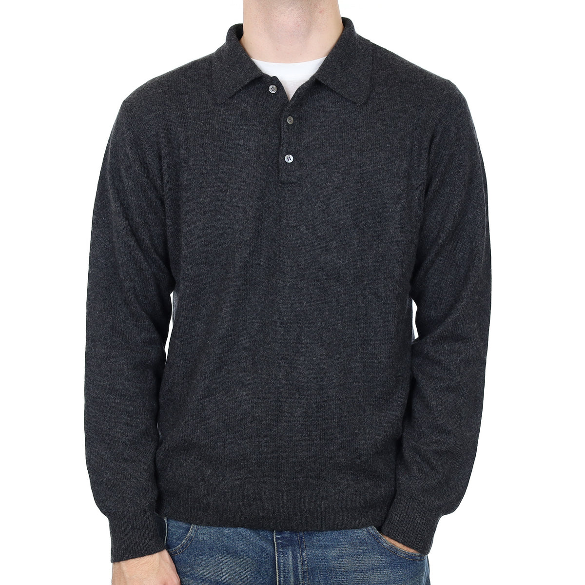 Men’s Charcoal Grey Cashmere Collared 1/4 Button Jumper Large