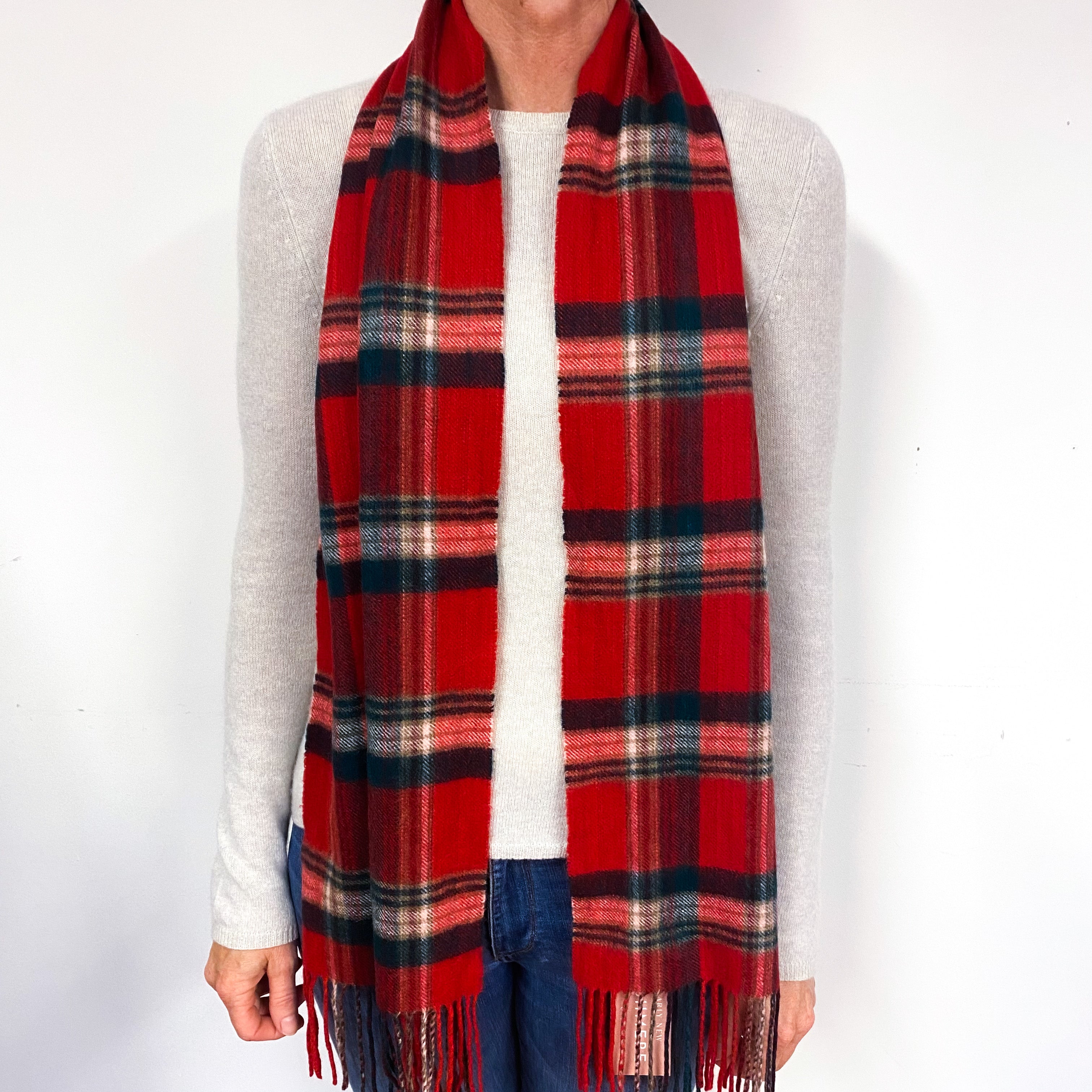 Red and Black Tartan Fringed Cashmere Woven Scarf