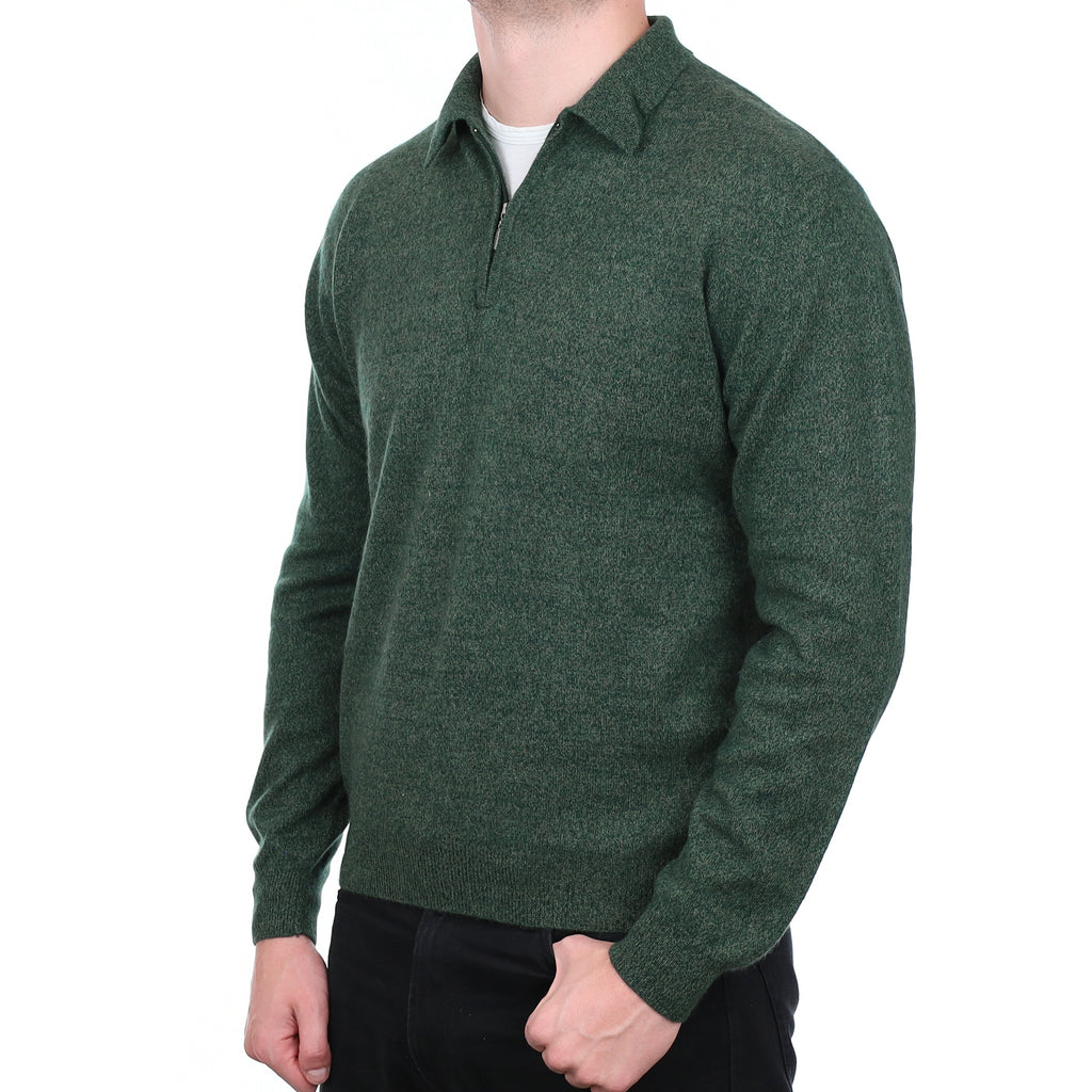 Men’s Yorn Moss Green Marl Cashmere Collared 1/4 Zip Jumper XL