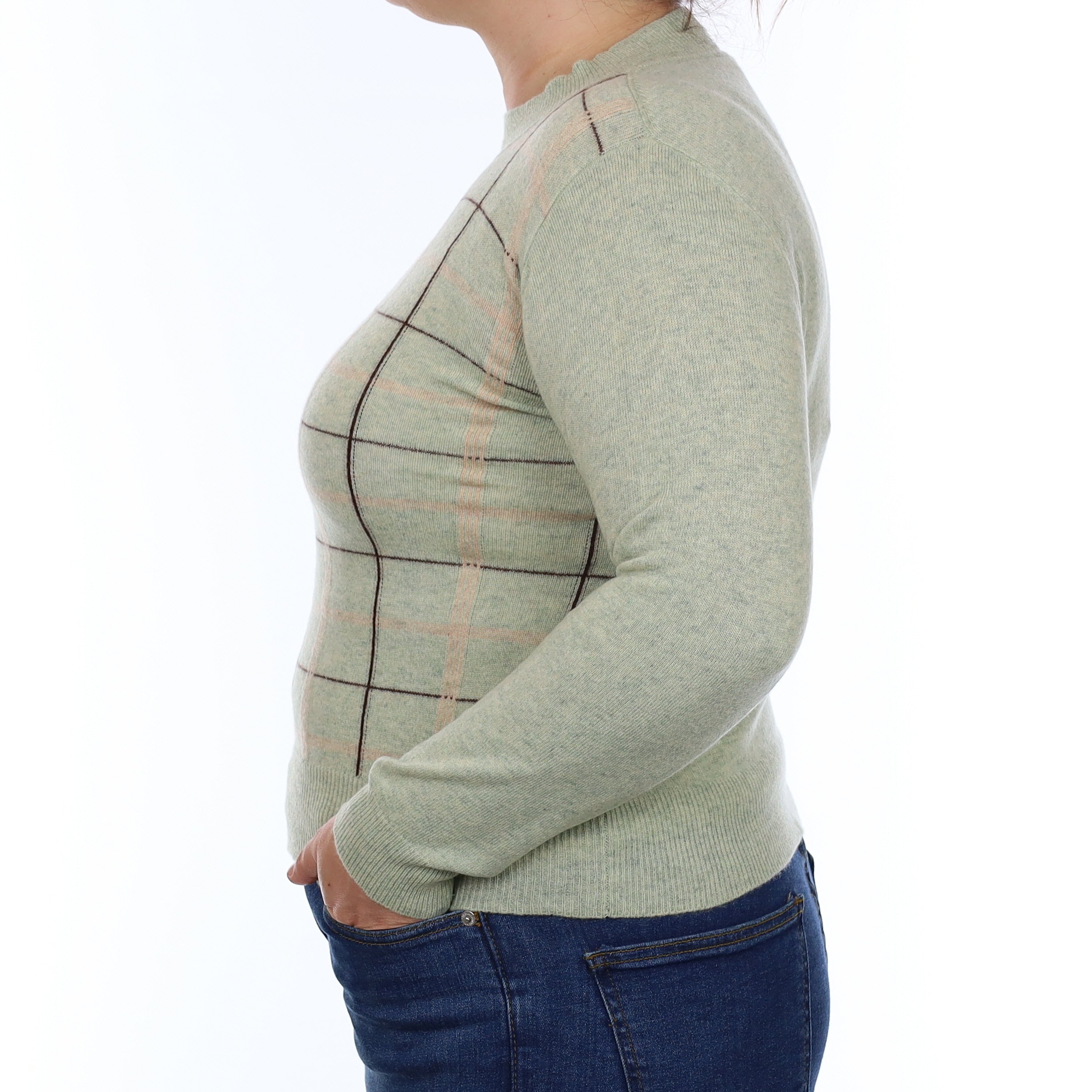 Mint Green Checked Cashmere Turtle Neck Jumper Large