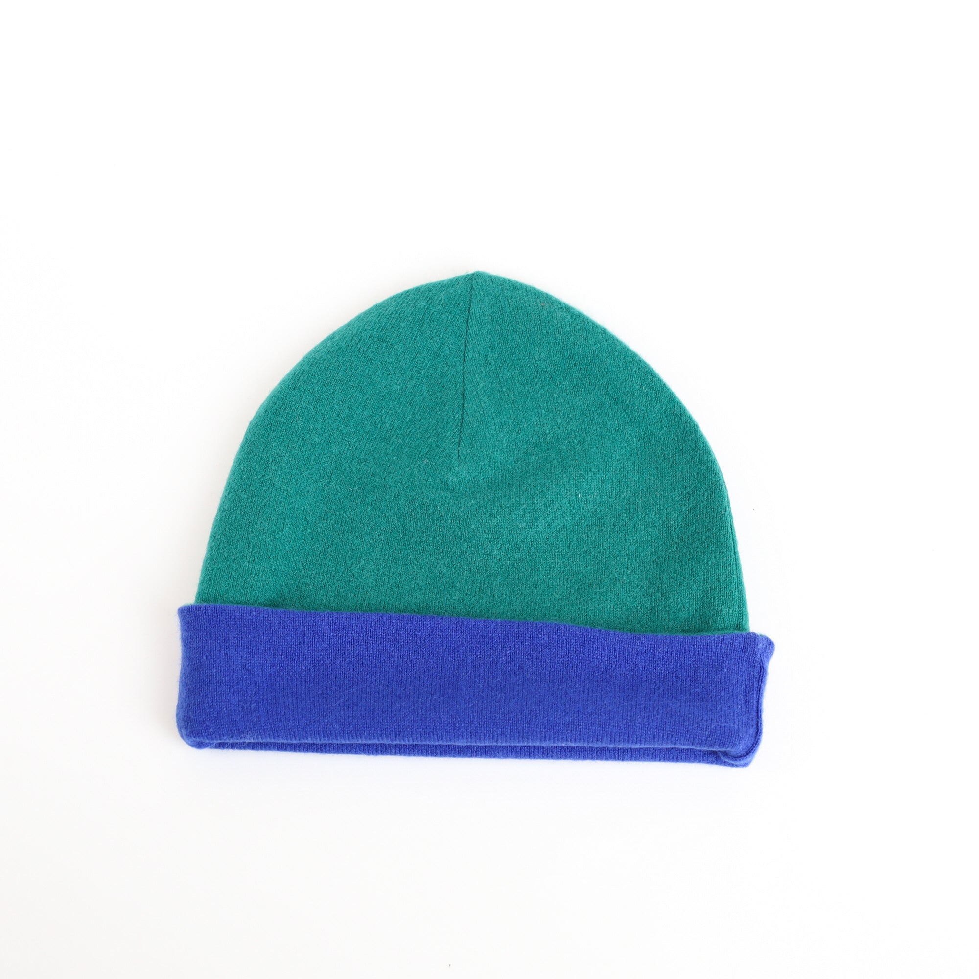 Azure Blue and Fern Green Cashmere Beanie Hat