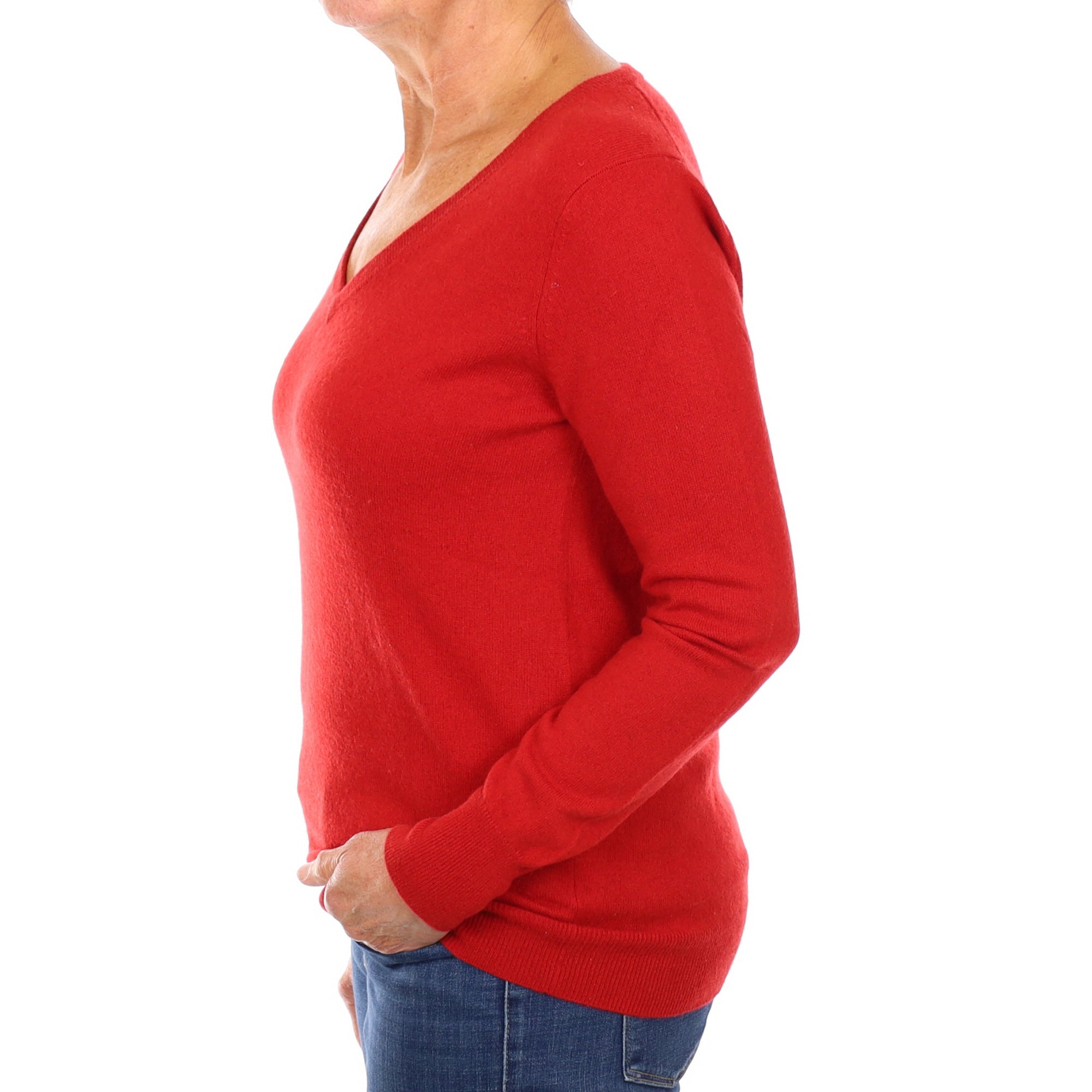 Post Box Red Cashmere V Neck Jumper Medium