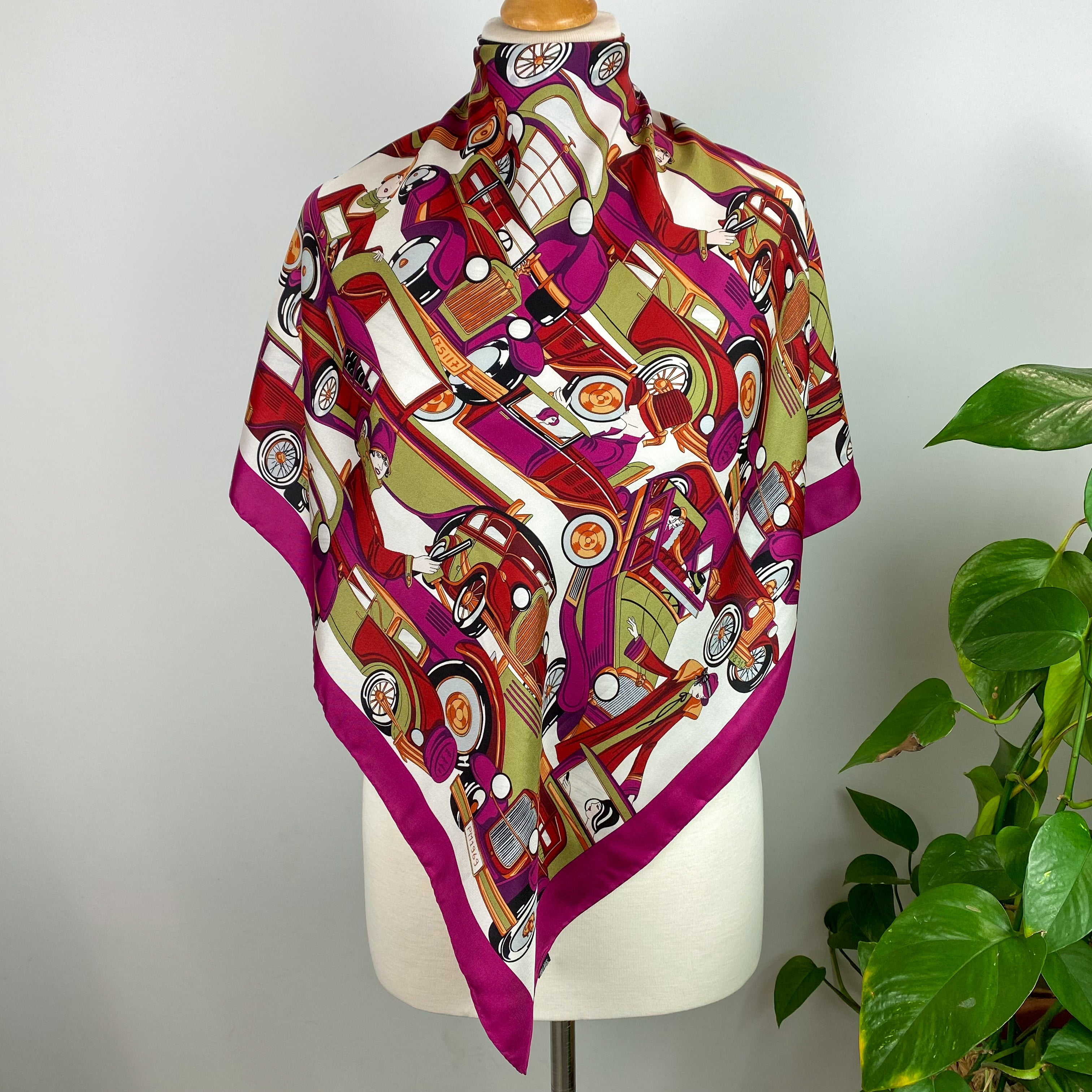 Vintage Car Design Pink and Green Italian Silk Scarf