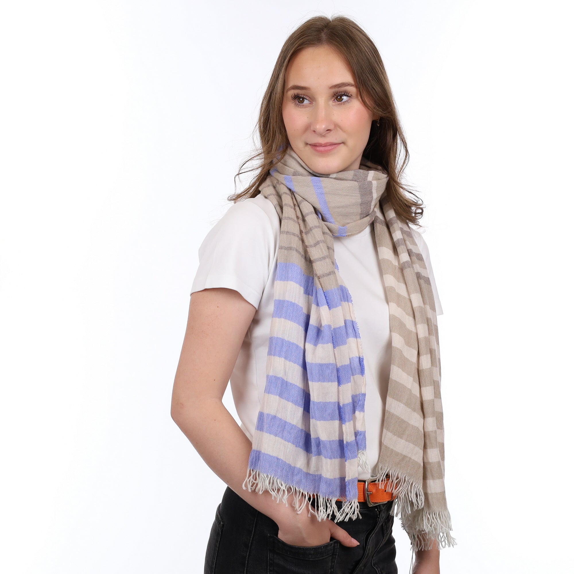 Brand New Scottish Mink and Sky Blue Luxury Woven Cashmere Crinkle Wrap