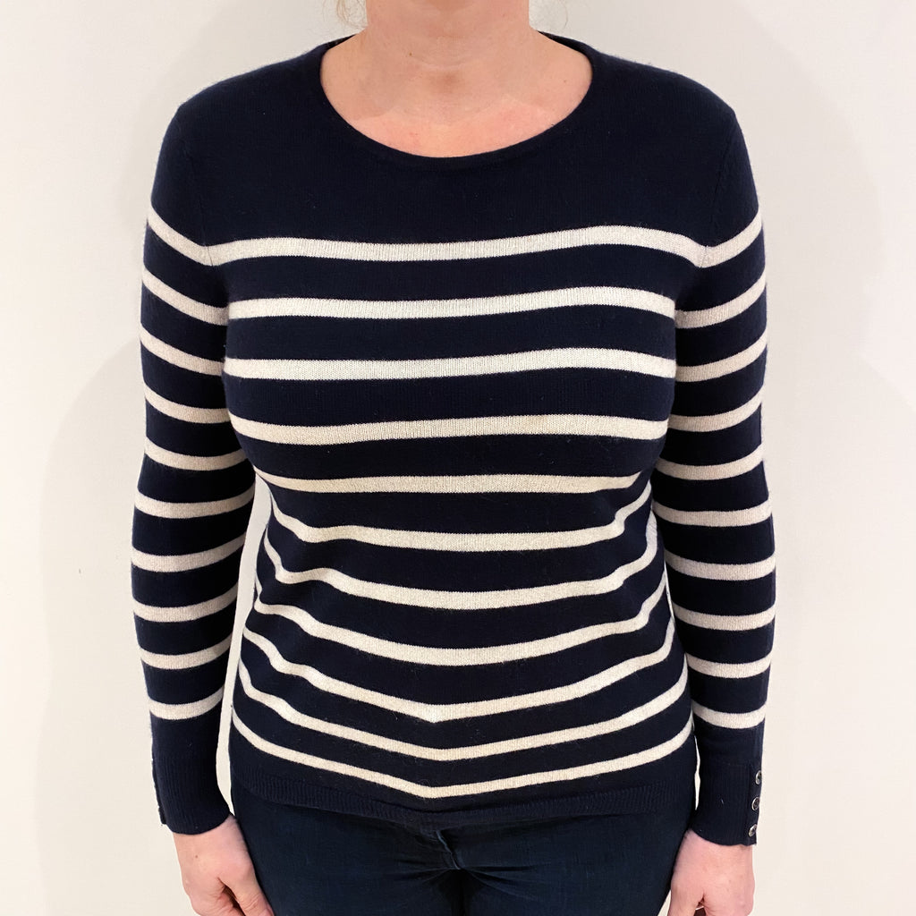 Navy and Cream Cashmere Crew Neck Jumper Large