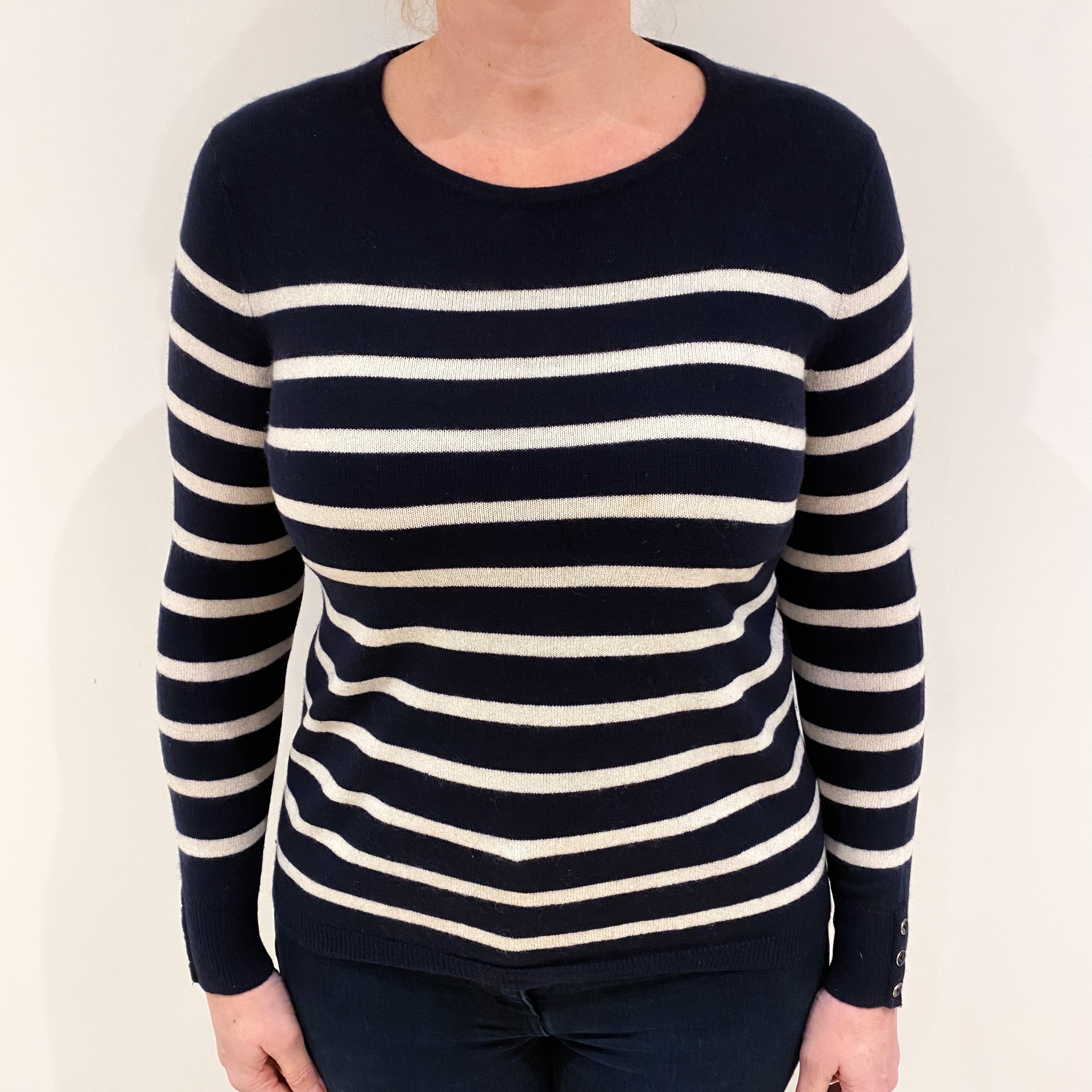Navy and Cream Cashmere Crew Neck Jumper Large