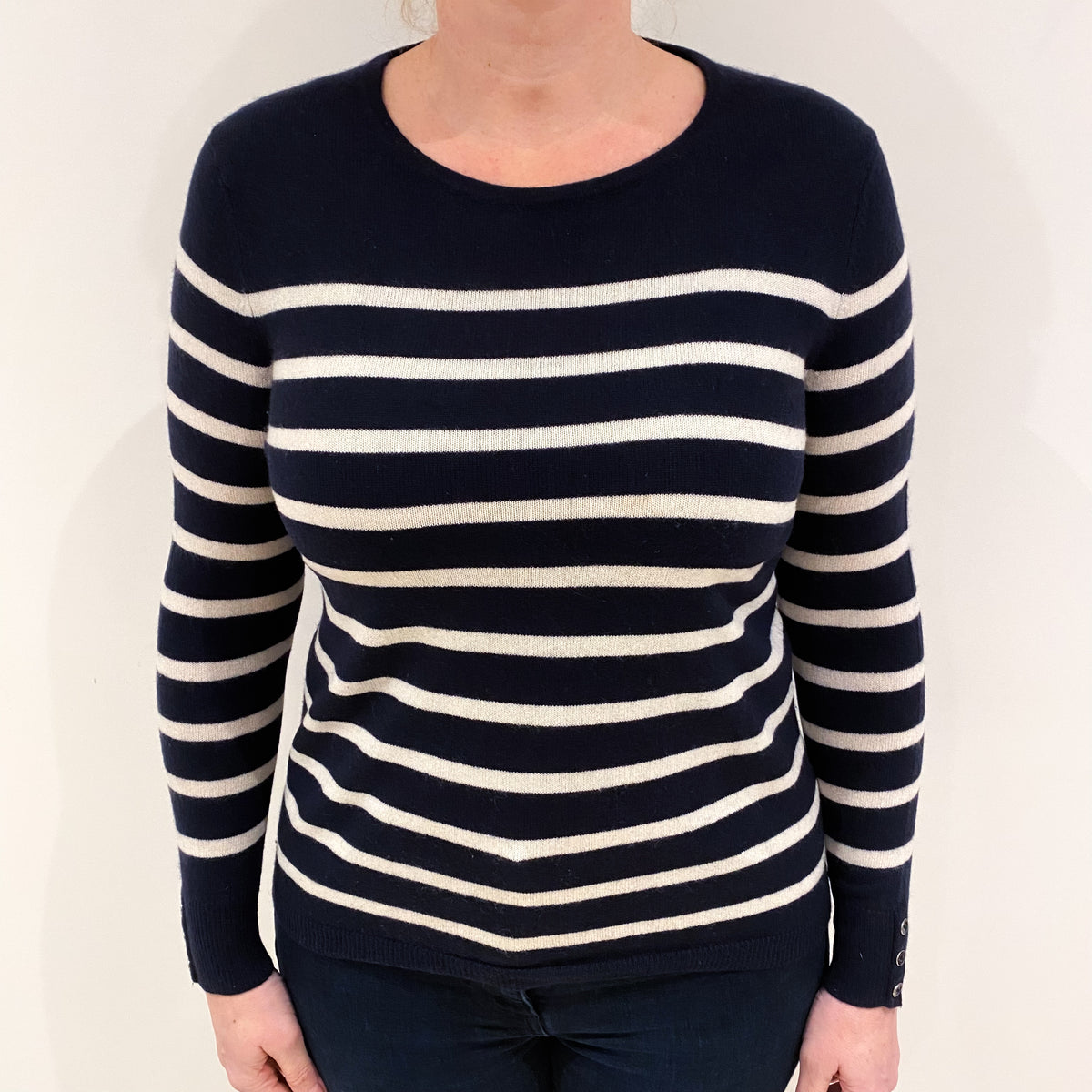 Navy and Cream Cashmere Crew Neck Jumper Large