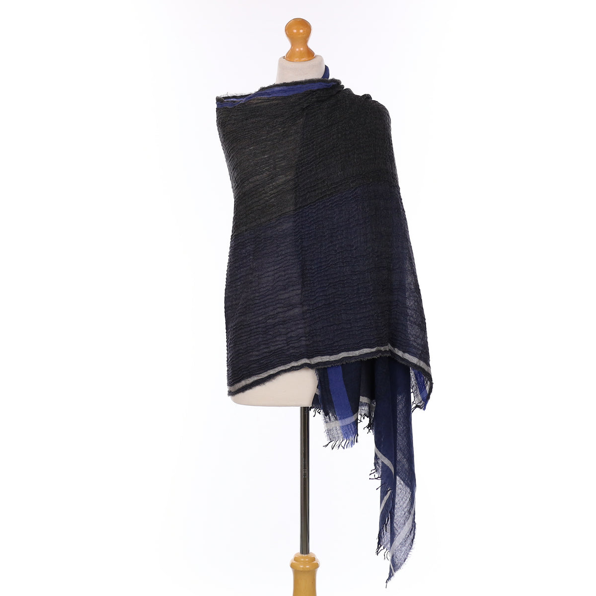 Brand New Begg & Co Naval Blue Colour Block Cashmere Blend Woven Crinkle Wrap