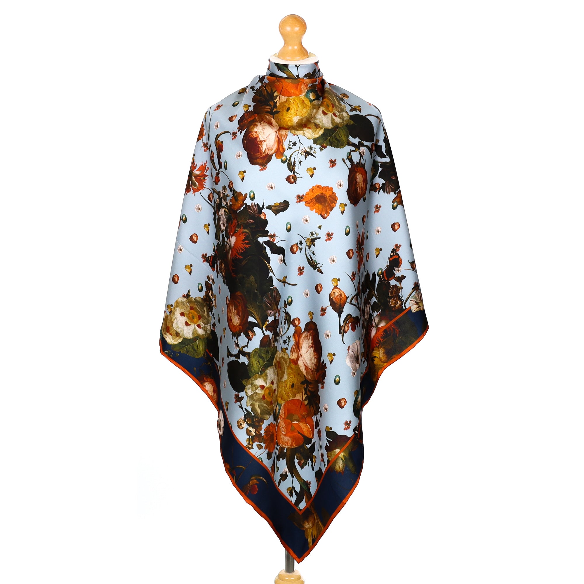 Immaculate Blue and Orange Floral Silk Scarf