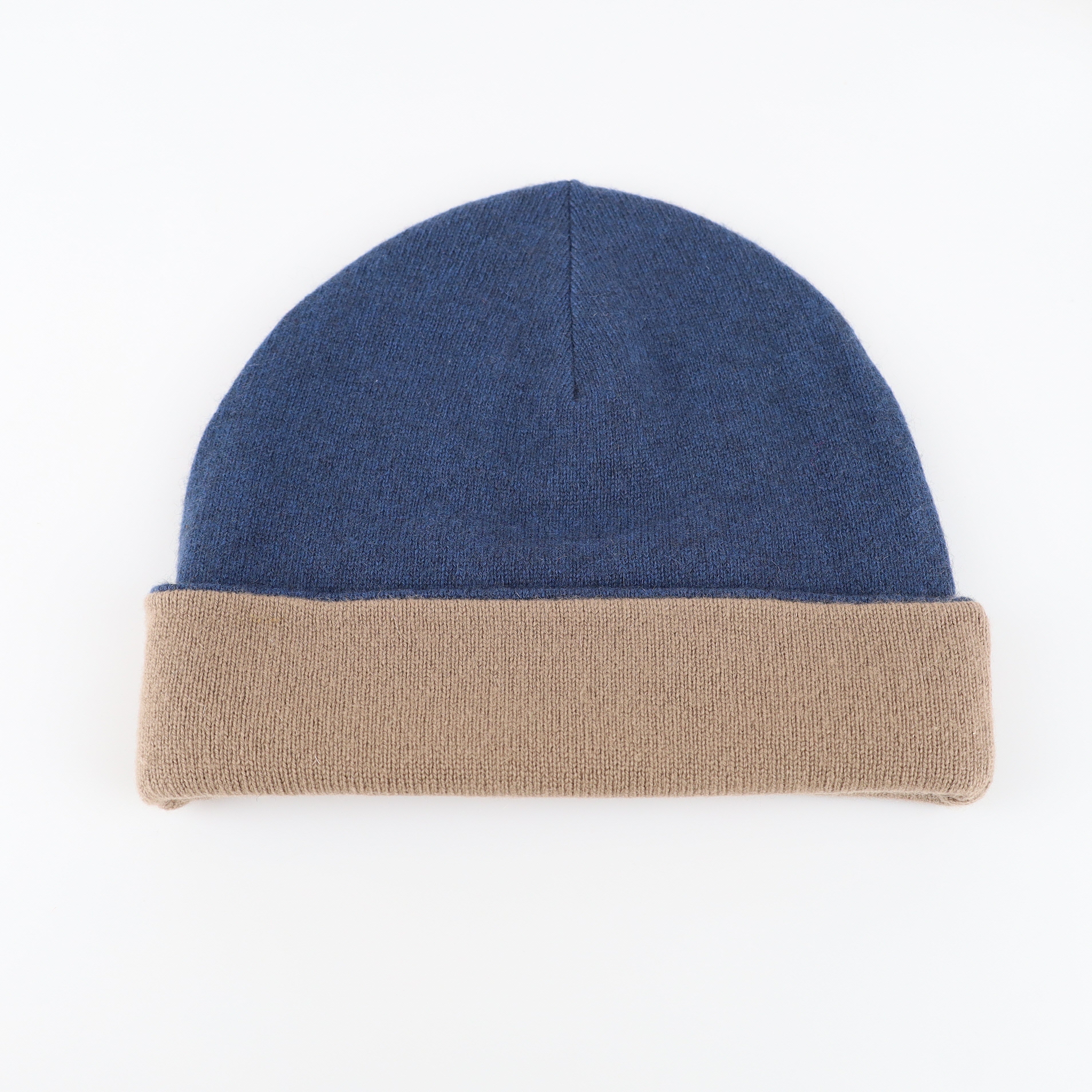 Taupe and Naval Blue Reversible Cashmere Beanie Hat