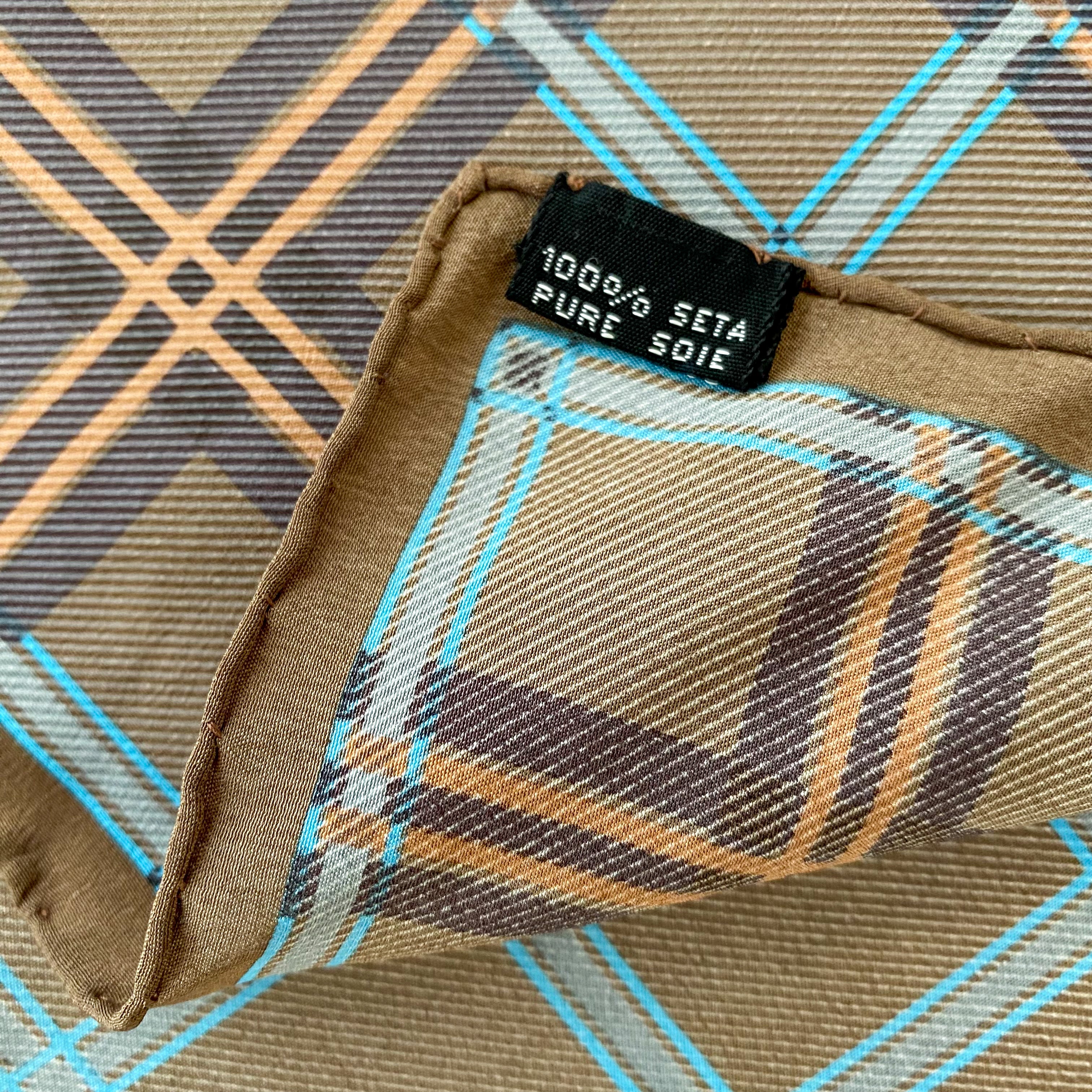 Beige and Turquoise Check Crepe Silk Scarf
