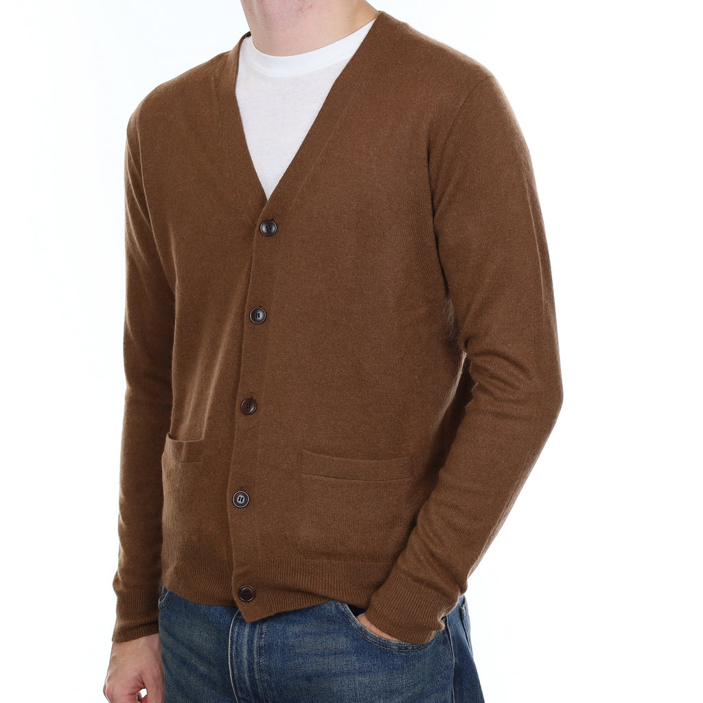 Men’s Chestnut Brown Cashmere V Neck Cardigan with Pockets Medium