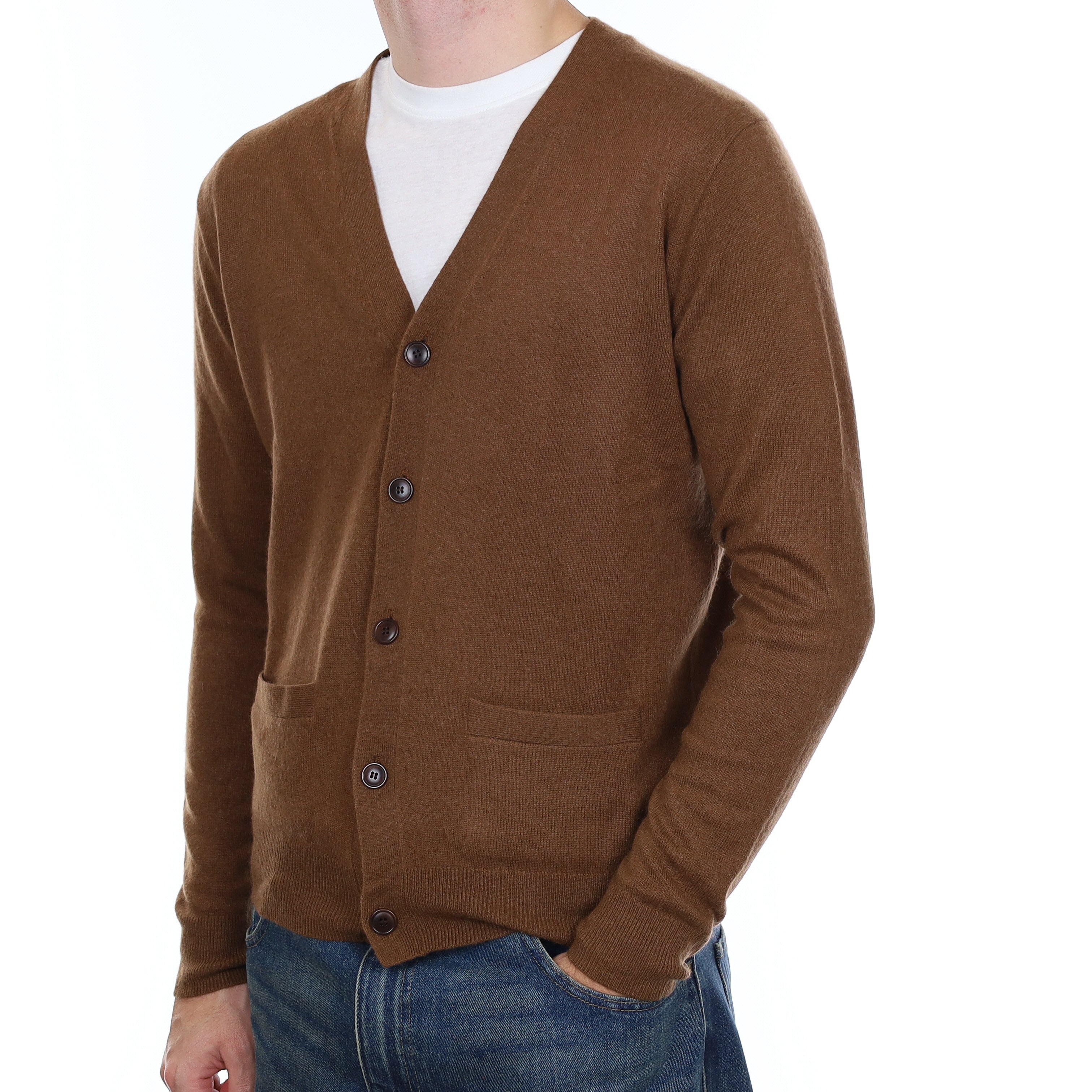 Men’s Chestnut Brown Cashmere V Neck Cardigan with Pockets Medium