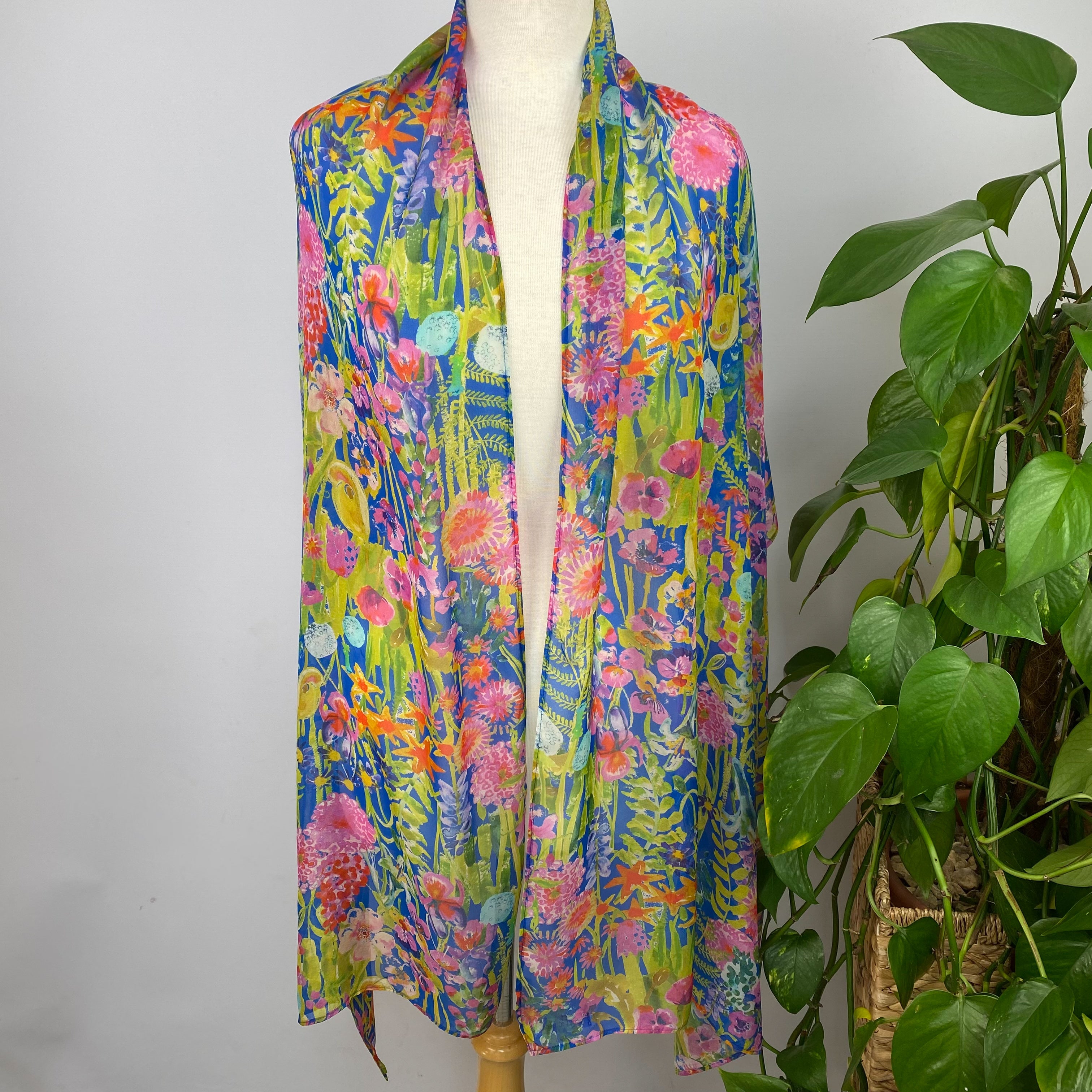 Colourful Floral Long Wrap Style Silk Scarf