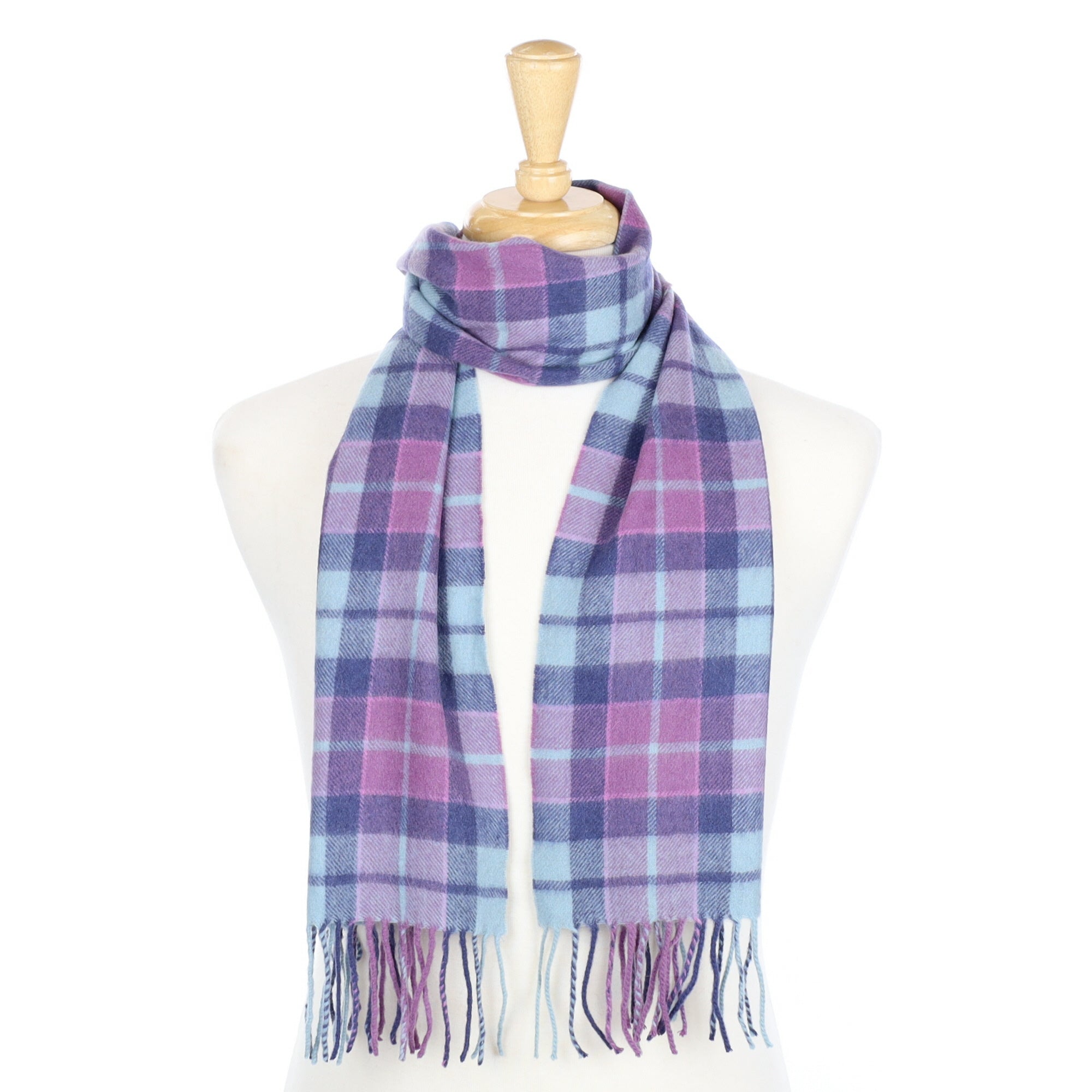 Mint, Mauve and Blue Checked Cashmere Fringed Woven Scarf