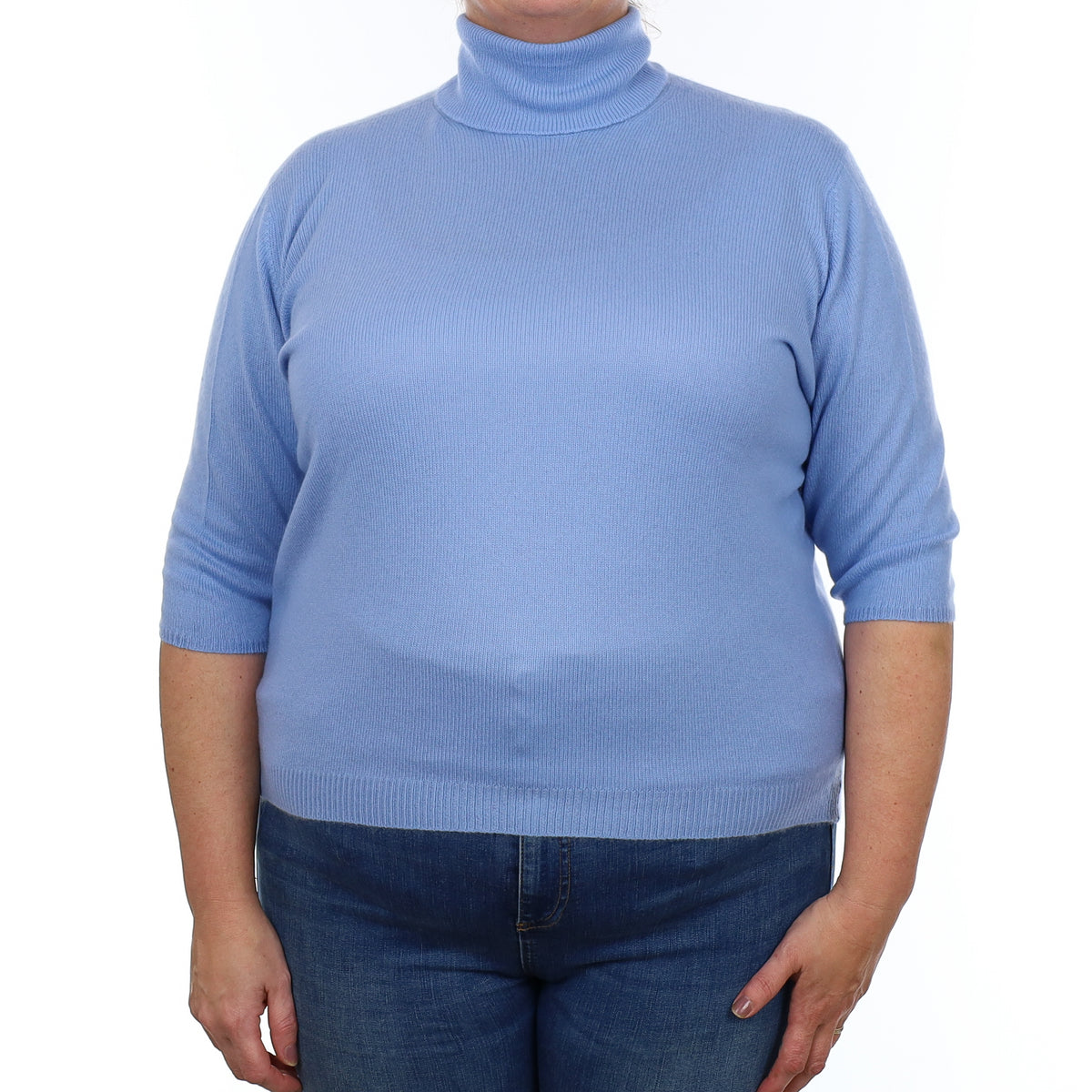 Brand New Scottish Sky Blue Cashmere Short Sleeved Polo Neck Jumper XXL