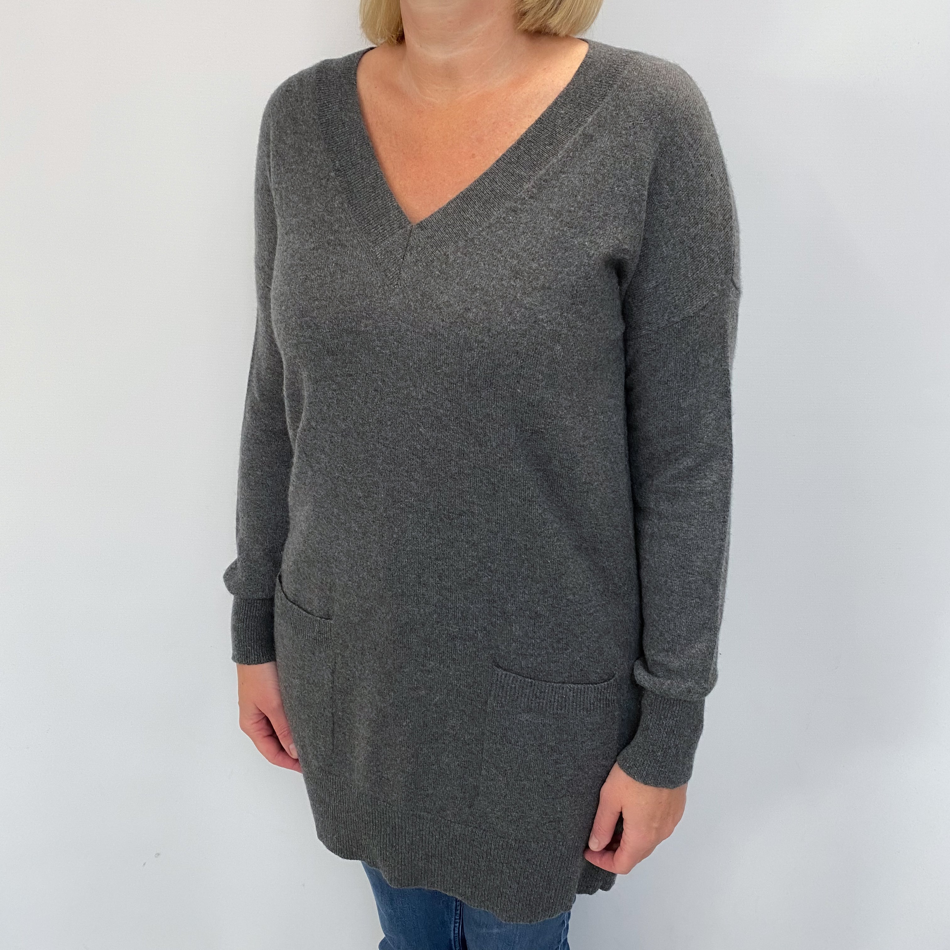 Dark Grey Cashmere V Neck Longline Jumper Large
