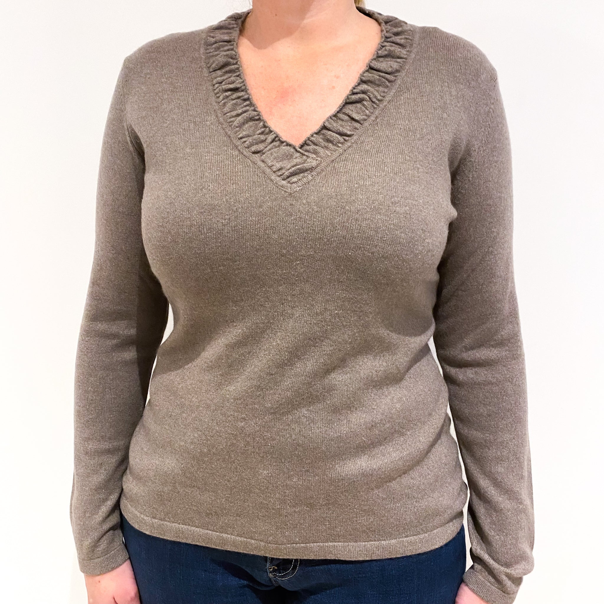 Mink Brown Cashmere V-Neck Jumper Large