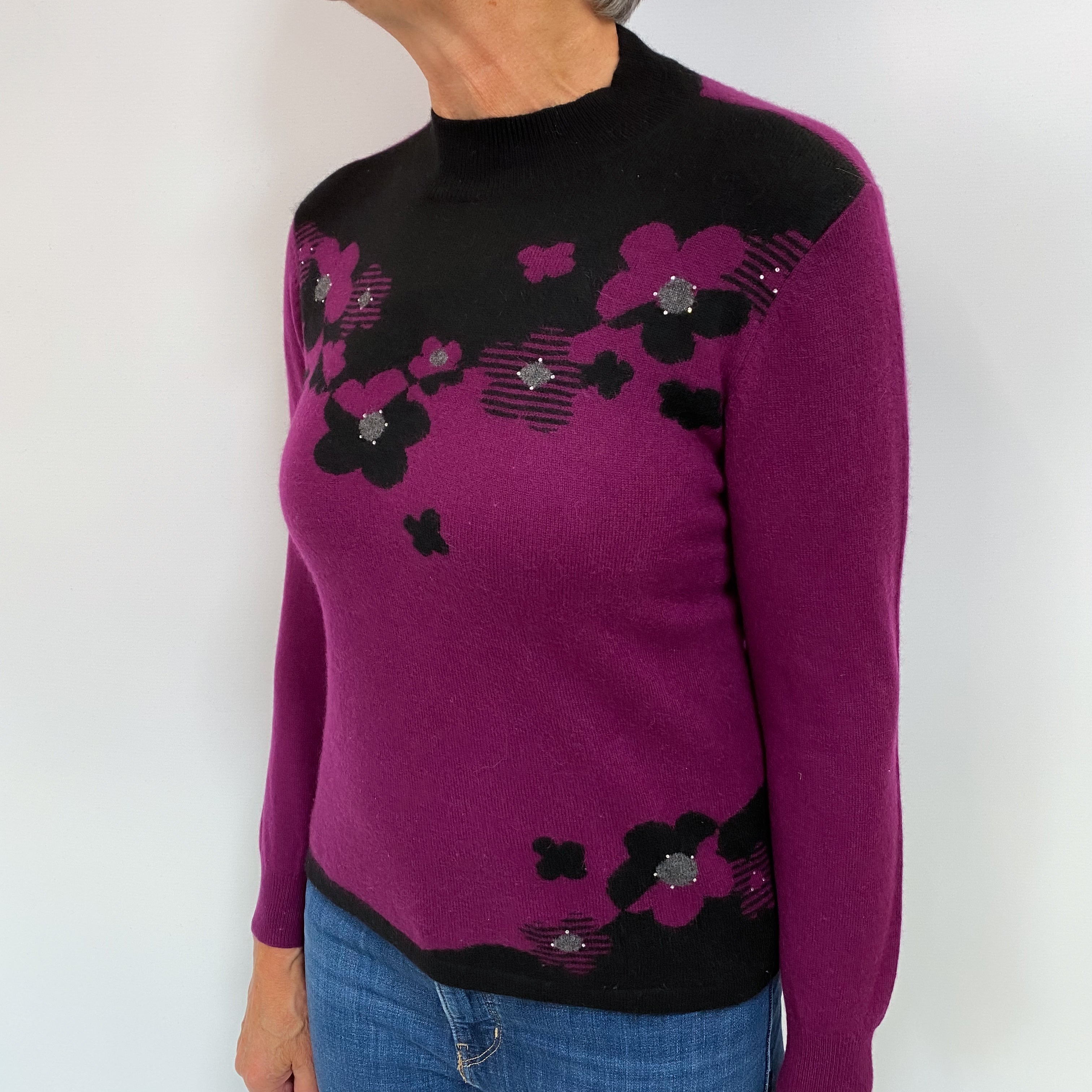 Purple and Black Floral Cashmere Turtle Neck Jumper Medium