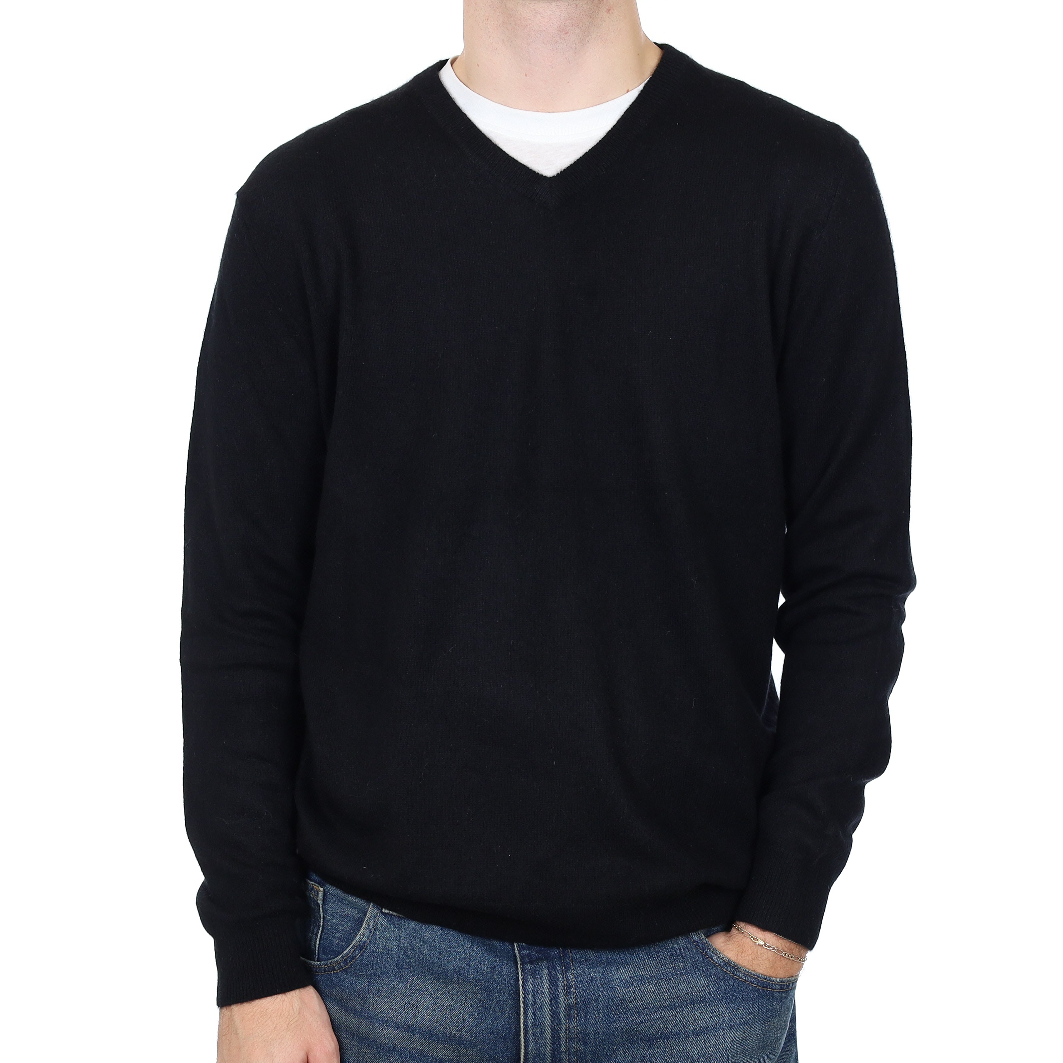 Men’s Black Cashmere V Neck Jumper Large