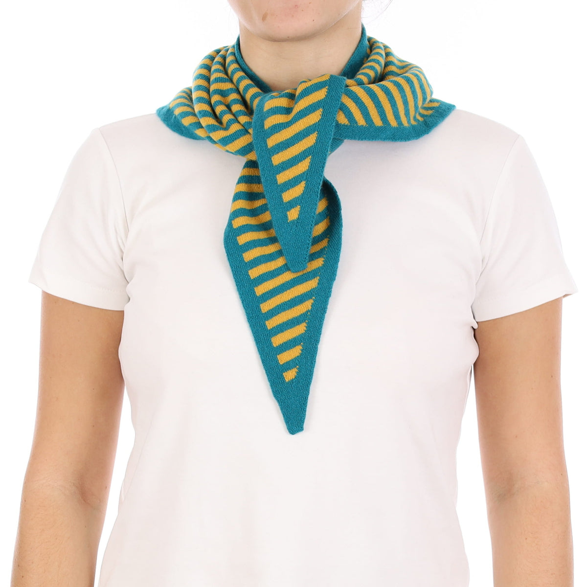Brand New Teal and Mustard Striped Recycled Cashmere Triangle Scarf