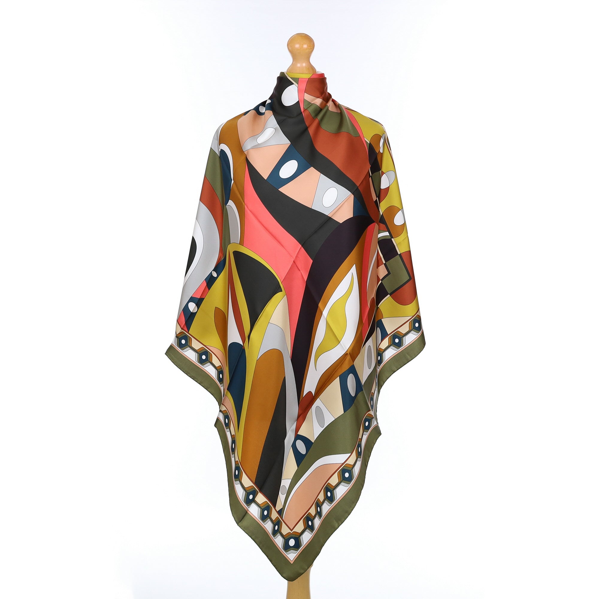 Brand New Italian Khaki & Coral Art Deco Silk Scarf