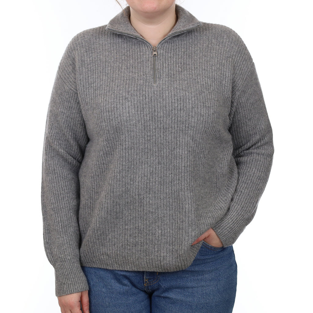 Ash Grey Chunky Ribbed Cashmere 1/4 Zip Jumper Large