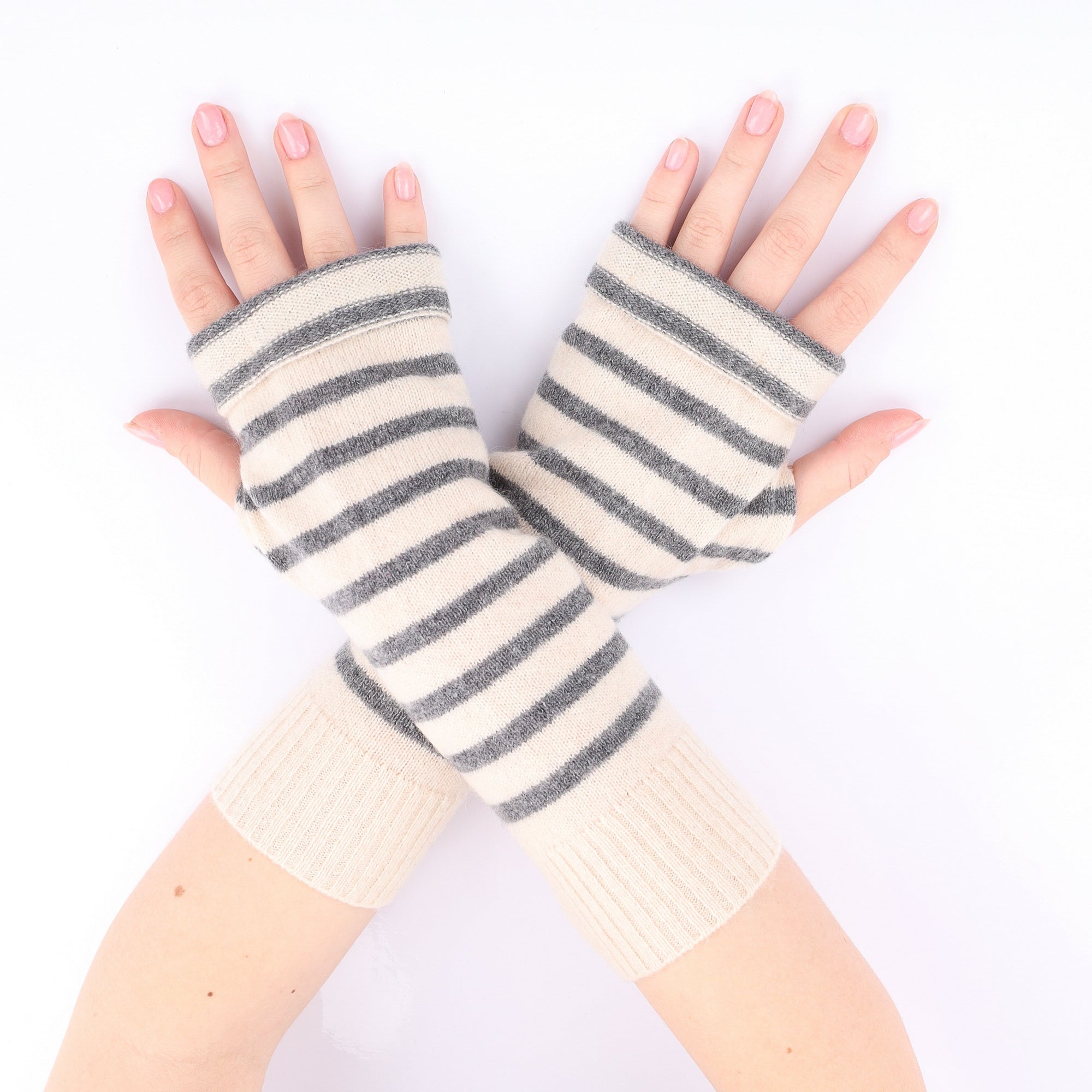 Ivory and Grey Stripe Fingerless Gloves