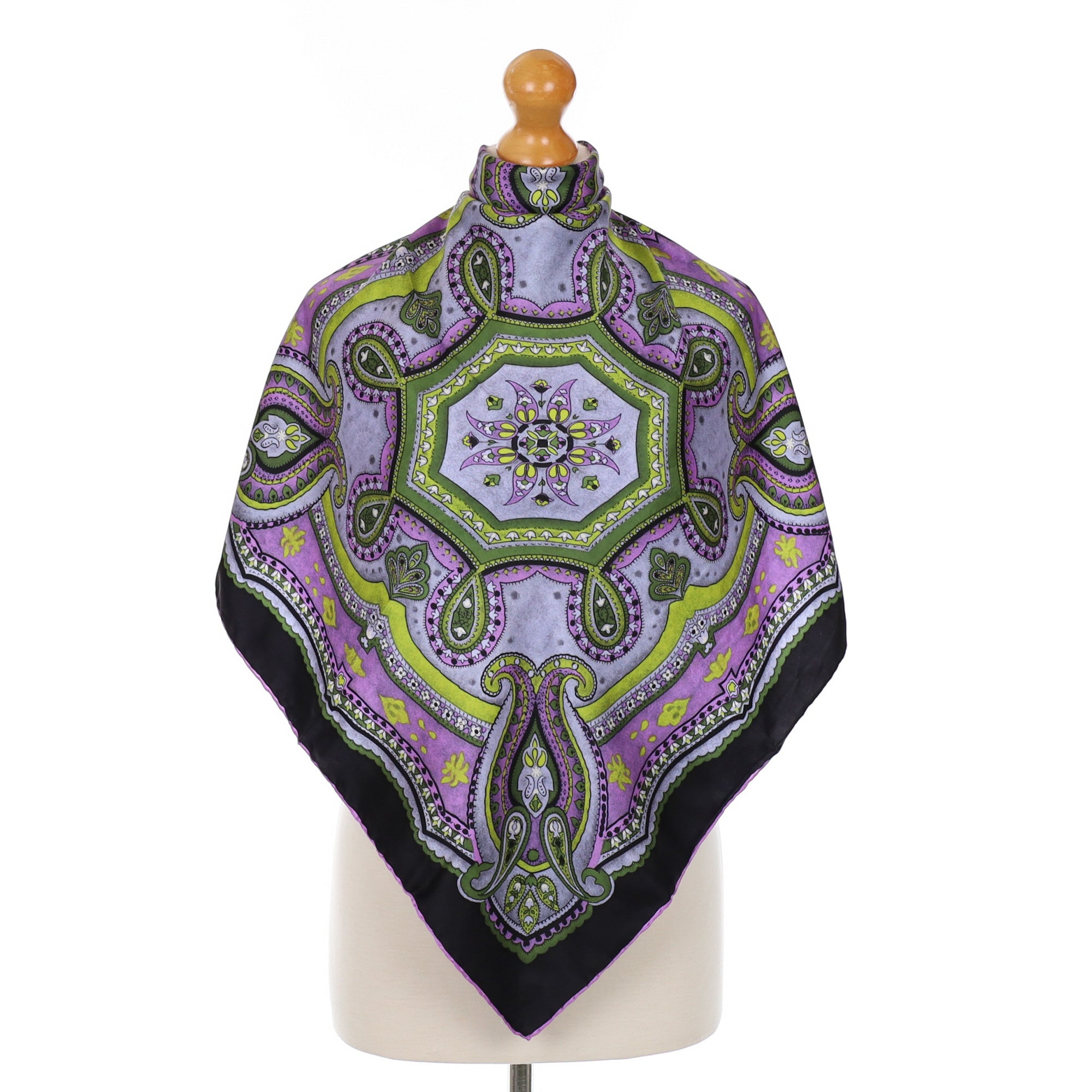 Immaculate Paisley Style Green and Purple Silk Scarf