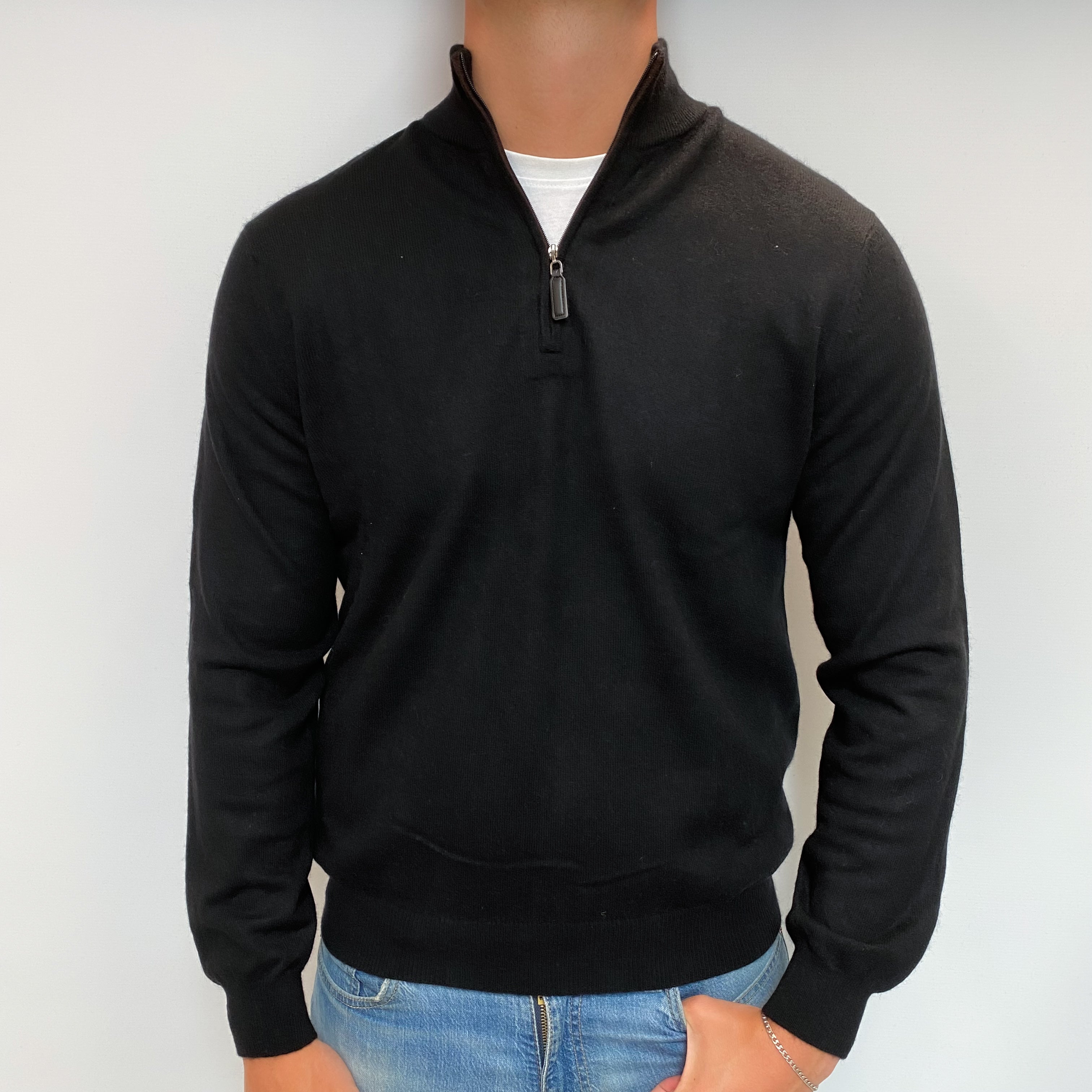 Men's Black Cashmere 1/4 Zip V Neck Jumper XL