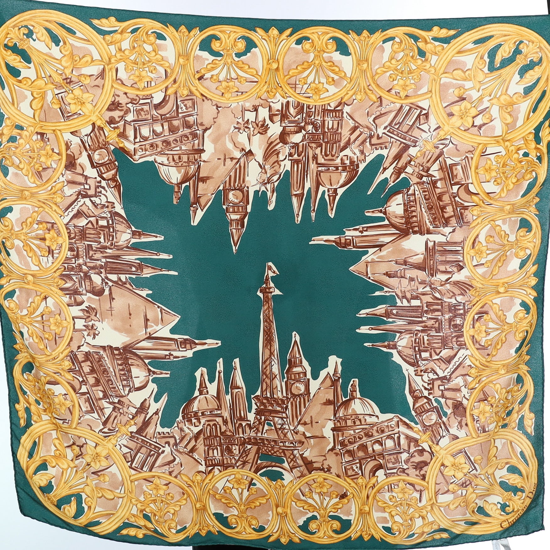 Christian Dior Landmarks Green and Yellow Vintage Silk Scarf
