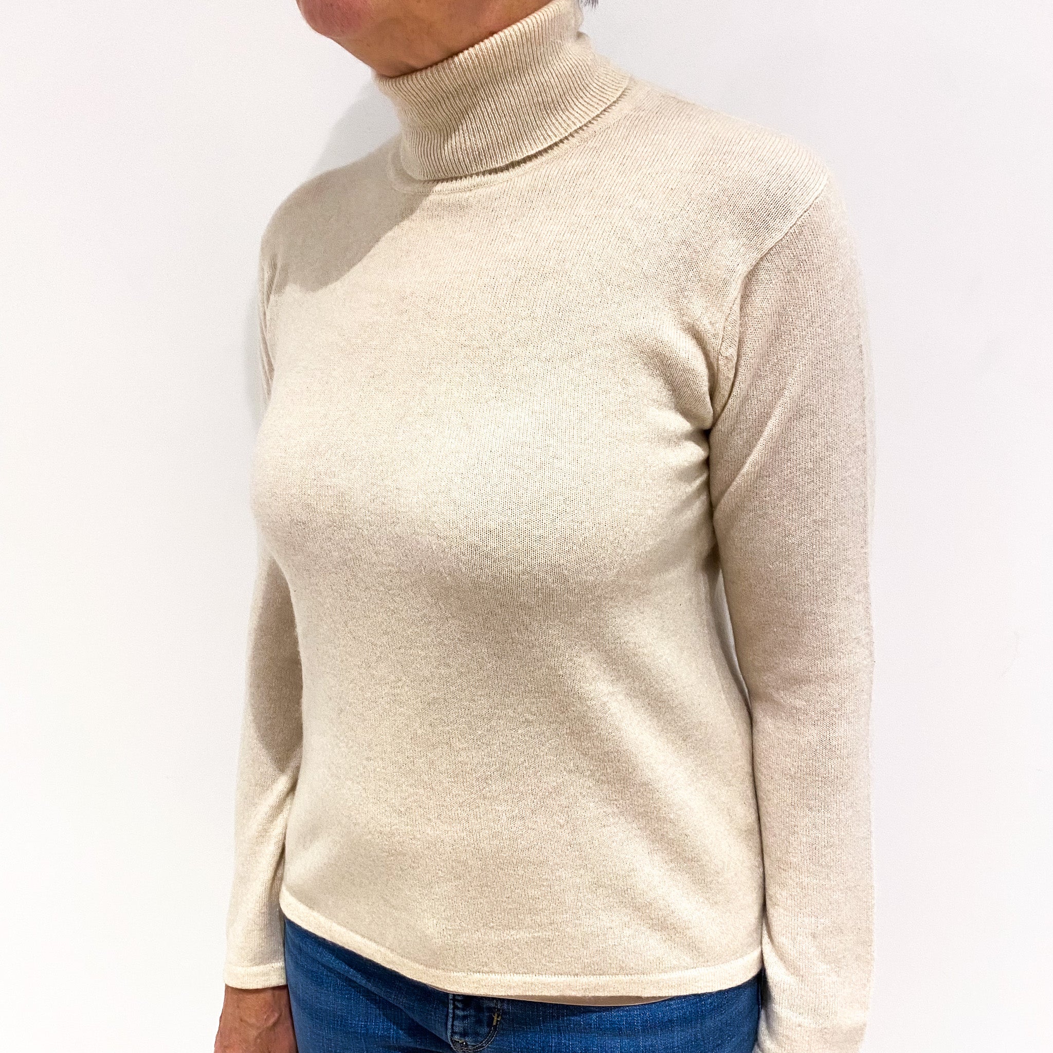 Sand Cashmere Polo Neck Jumper Medium