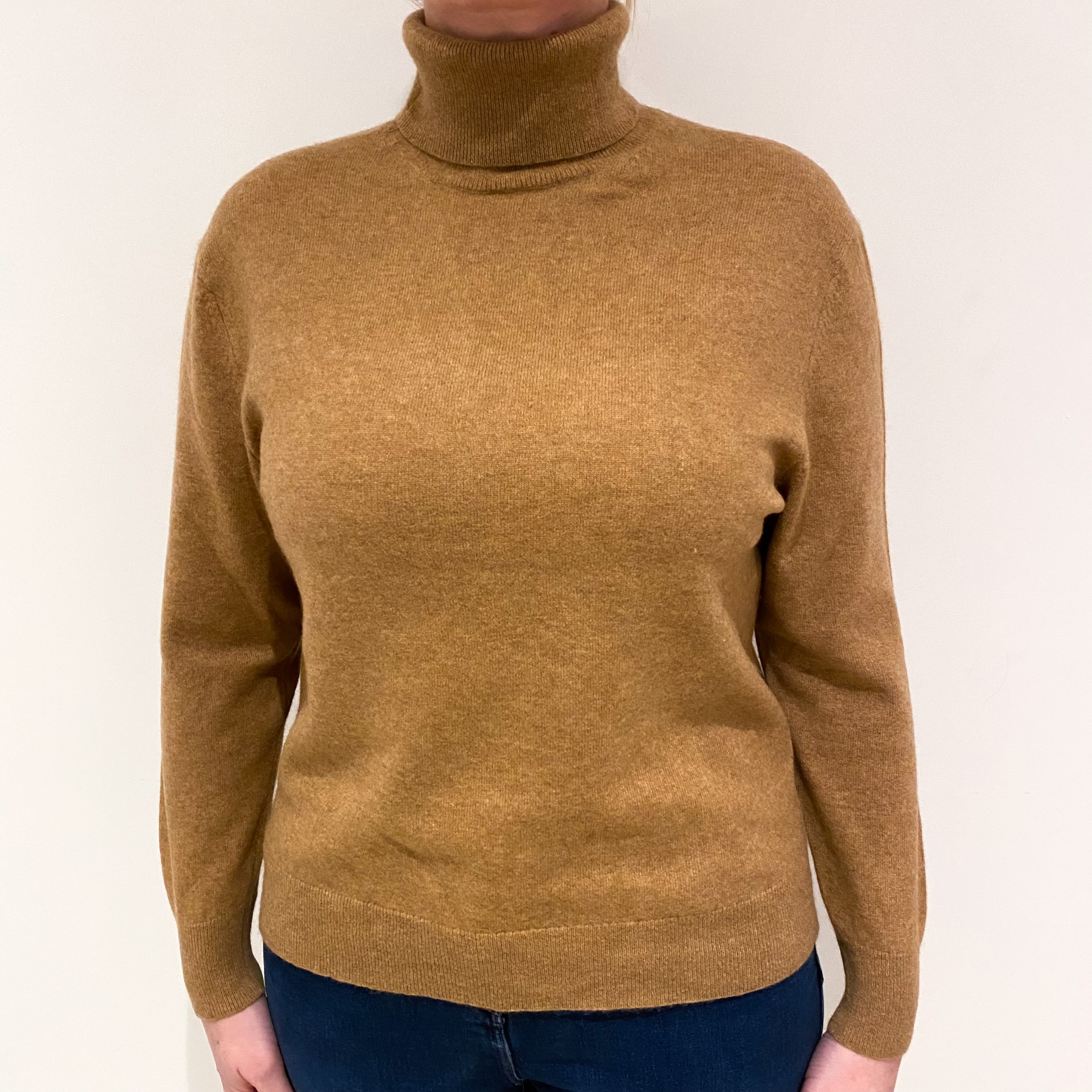 Camel Brown Cashmere Polo Neck Jumper Large