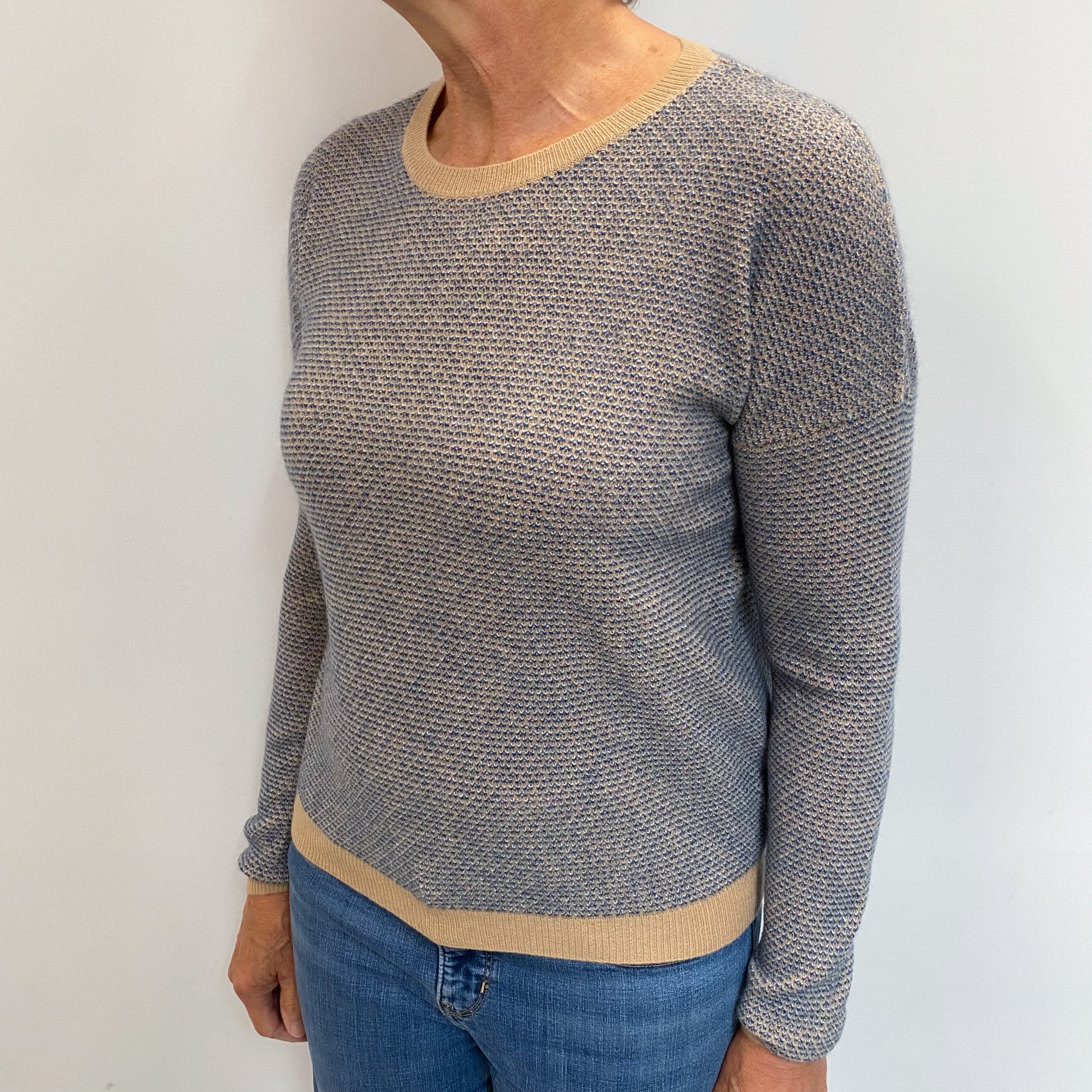 Camel Brown and Blue Cashmere Crew Neck Jumper Medium